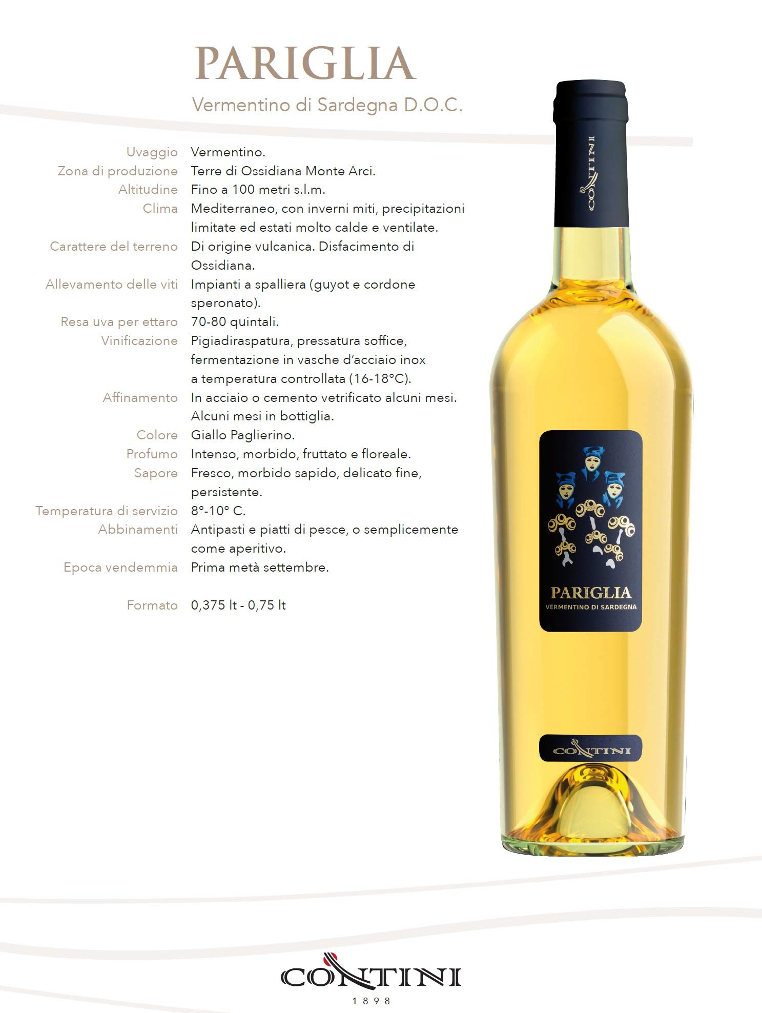 CONTINI Vino Bianco VERMENTINO DI SARDEGNA DOC PARIGLIA BOTT 75 CL - IMBALLO DA 6 BOTTIGLIE DA 75 CL