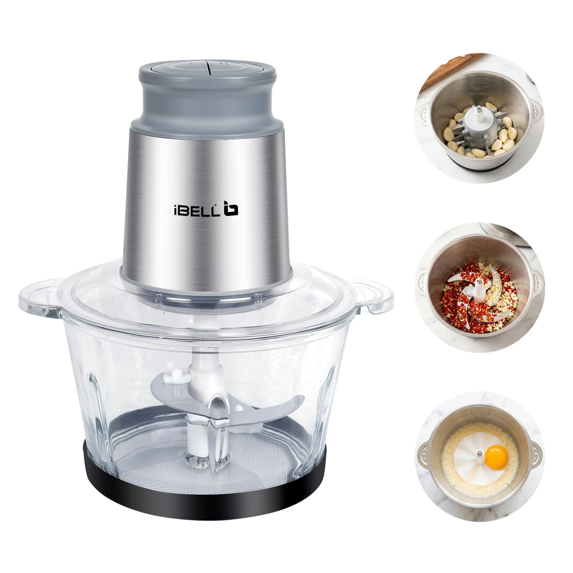 IBELL MT200GPRO Electric Chopper with 2-Yr Warranty, 700W Powerful Motor, 2L Glass Bowl, Multipurpose for Meat, Vegetables, Fruits & Nuts, Includes Garlic Peeler & Egg Whisker (Silver)