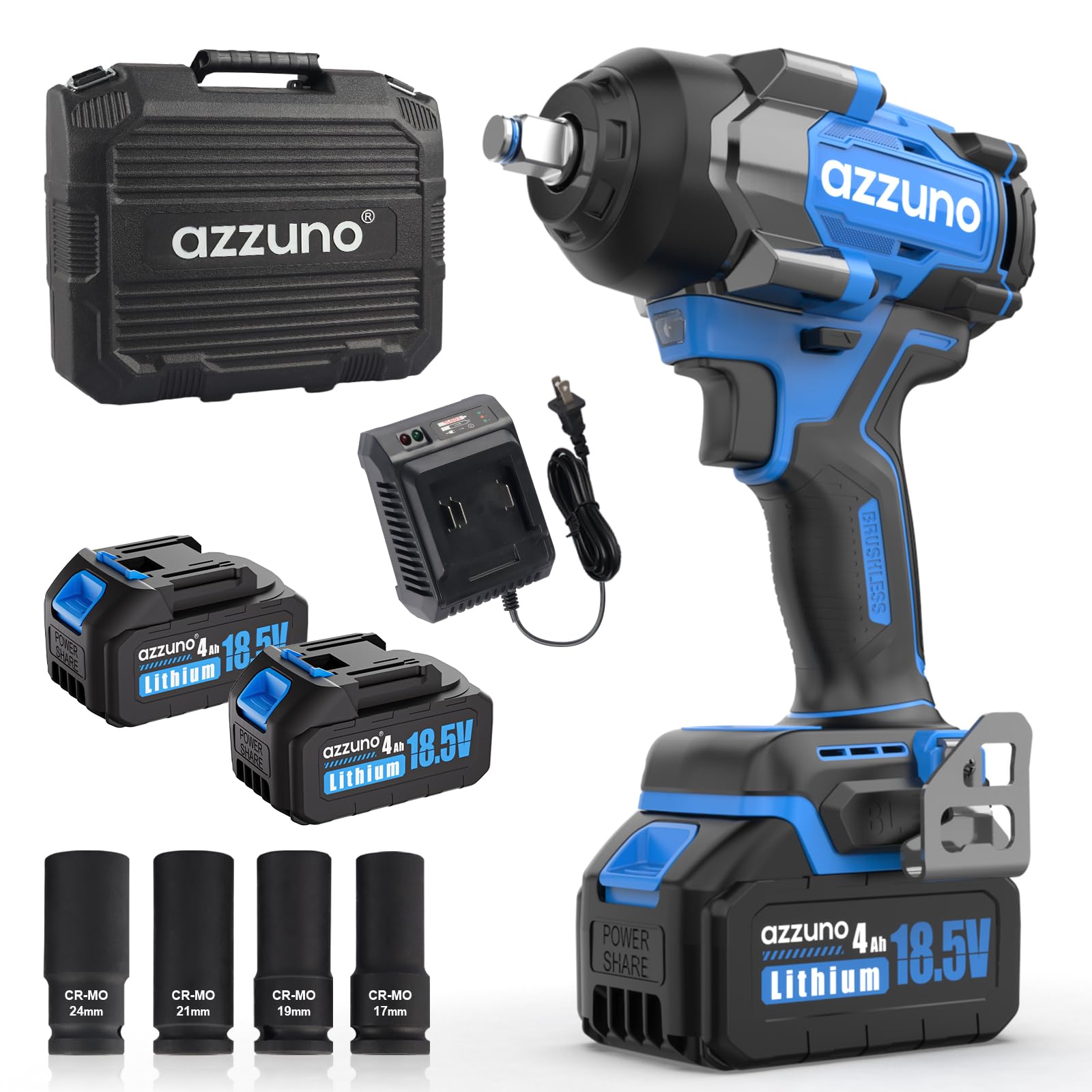 AZZUNO Impact Wrench Max 737 Ft-lbs(1000N.m) 1/2 inch Brushless High Torque Electric Impact Wrench, Powerful Cordless Impact Driver with 2x4Ah Batteries, 4 Sockets and Charger for Home Car Truck Tire