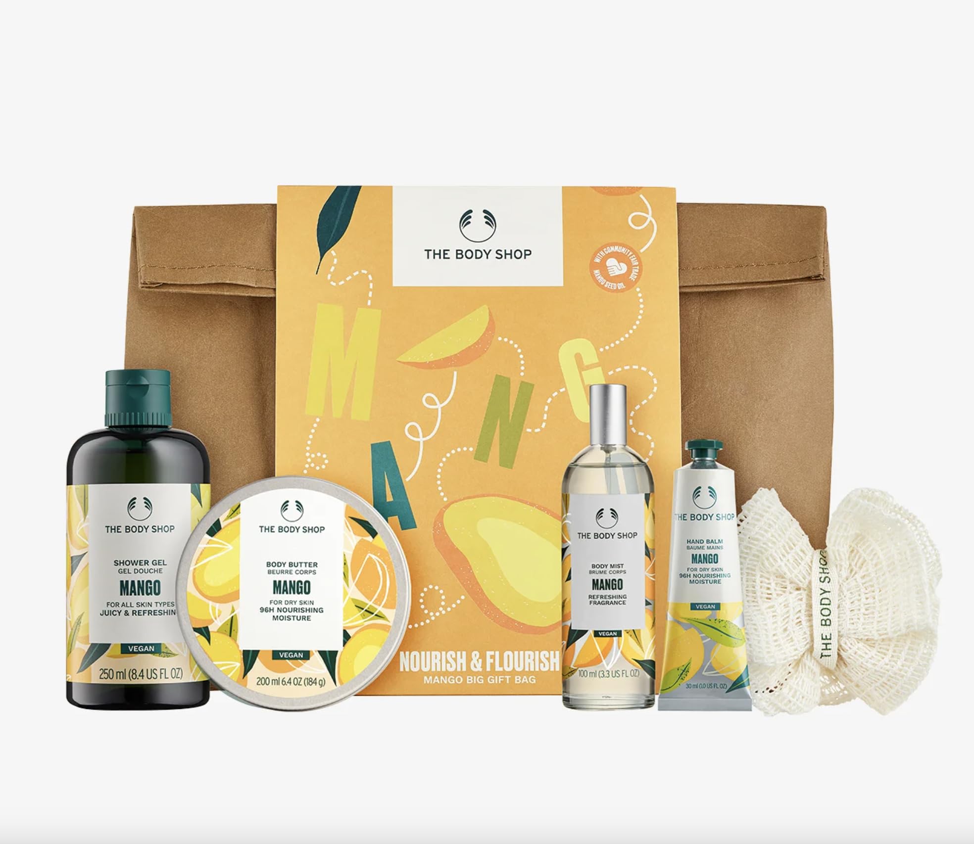 The Body Shop Mango Geschenkset – veganes Pflegeset mit Duschgel 250ml, Körperbutter, Körperspray, Handcreme & Luffaschwamm – tropischer Duft – Geschenk für Frauen