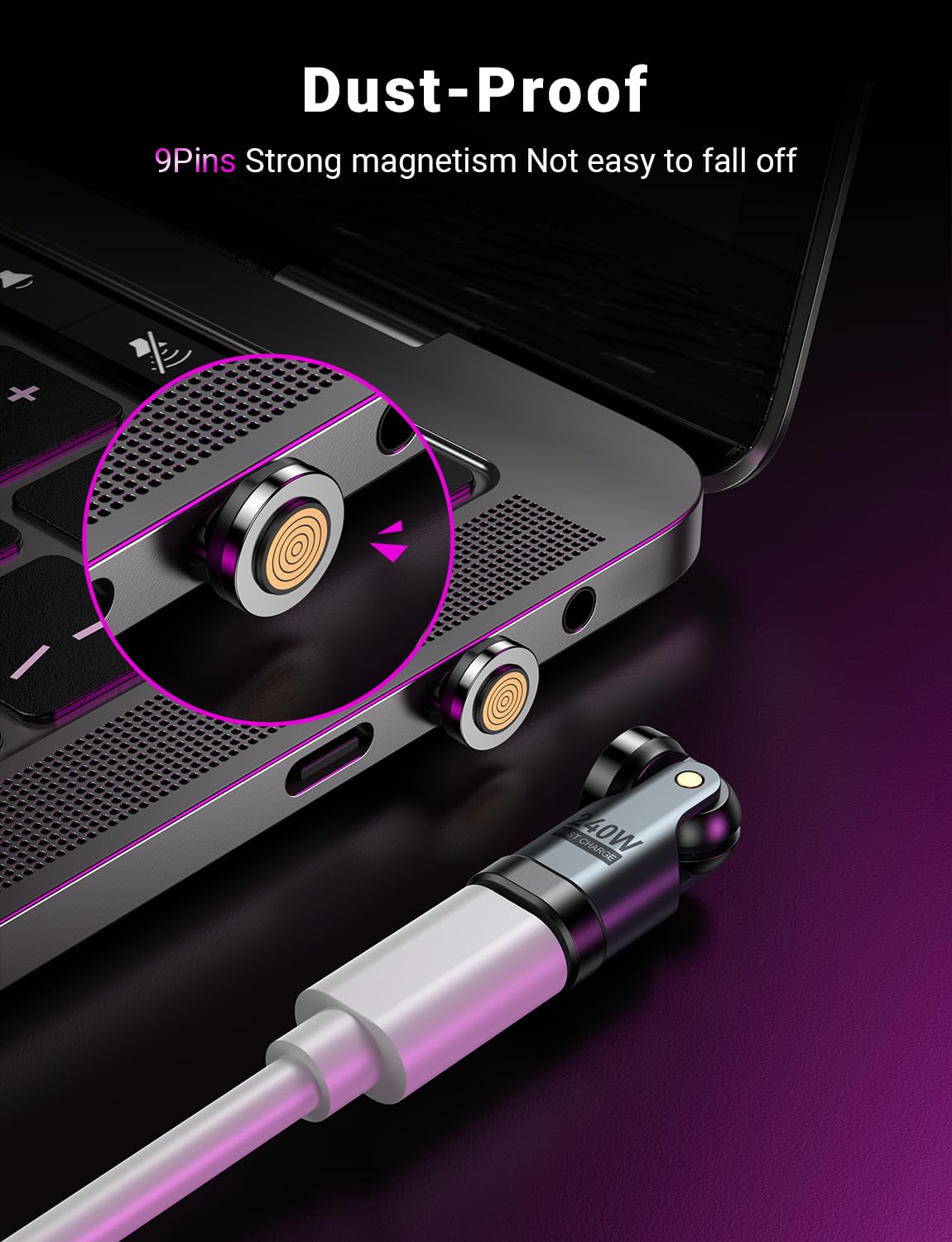 VAFOTON Adattatore magnetico USB C 240W, adattatore USB C magnetico a 9 pin, rotazione a 540°, compatibile con ricarica rapida PD 240W 5A, trasferimento dati, per MaBook Pro/Portable