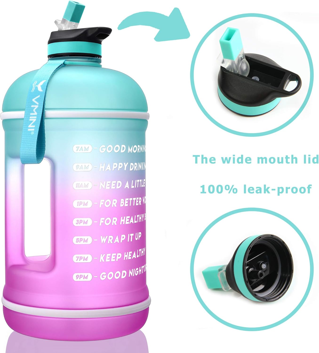 Vmini Water Bottle with Time Marker, Motivational Water Bottle & 1 Gallon Water Bottle with Time Marker to Drink More Daily - Leakproof Reusable Gym Sports Outdoor Large Capacity (Mint and Purple)