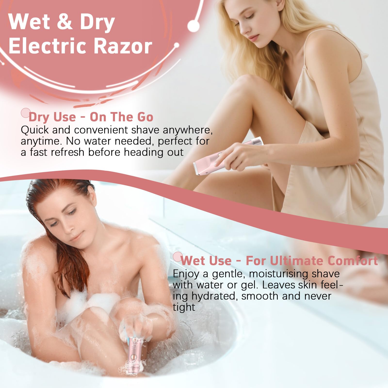 AOMEES Rasierer Damen, 2-in-1 Intimrasierer für Frauen, IPX7 Wasserdicht, Kabellos & Wiederaufladbar, Sanfter Trimmer für Gesicht, Körper & Bikinizone, Geschenk für Frauen (Rosa, Standard)