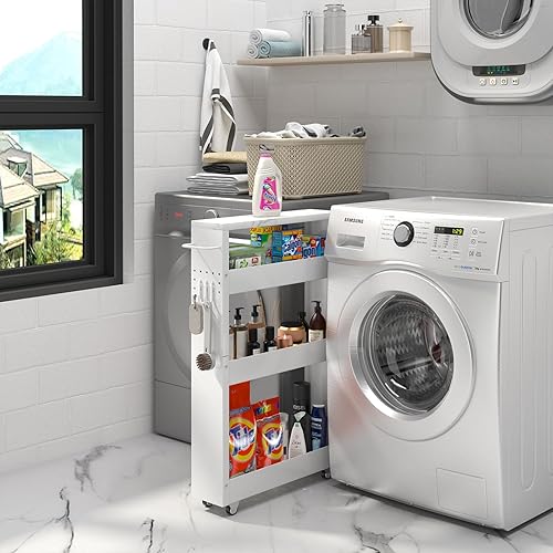 Miniatura 5 de Carrito de almacenamiento delgado, carrito de cocina de 4 niveles, armario de almacenamiento estrecho con asa y ruedas, estante de metal para