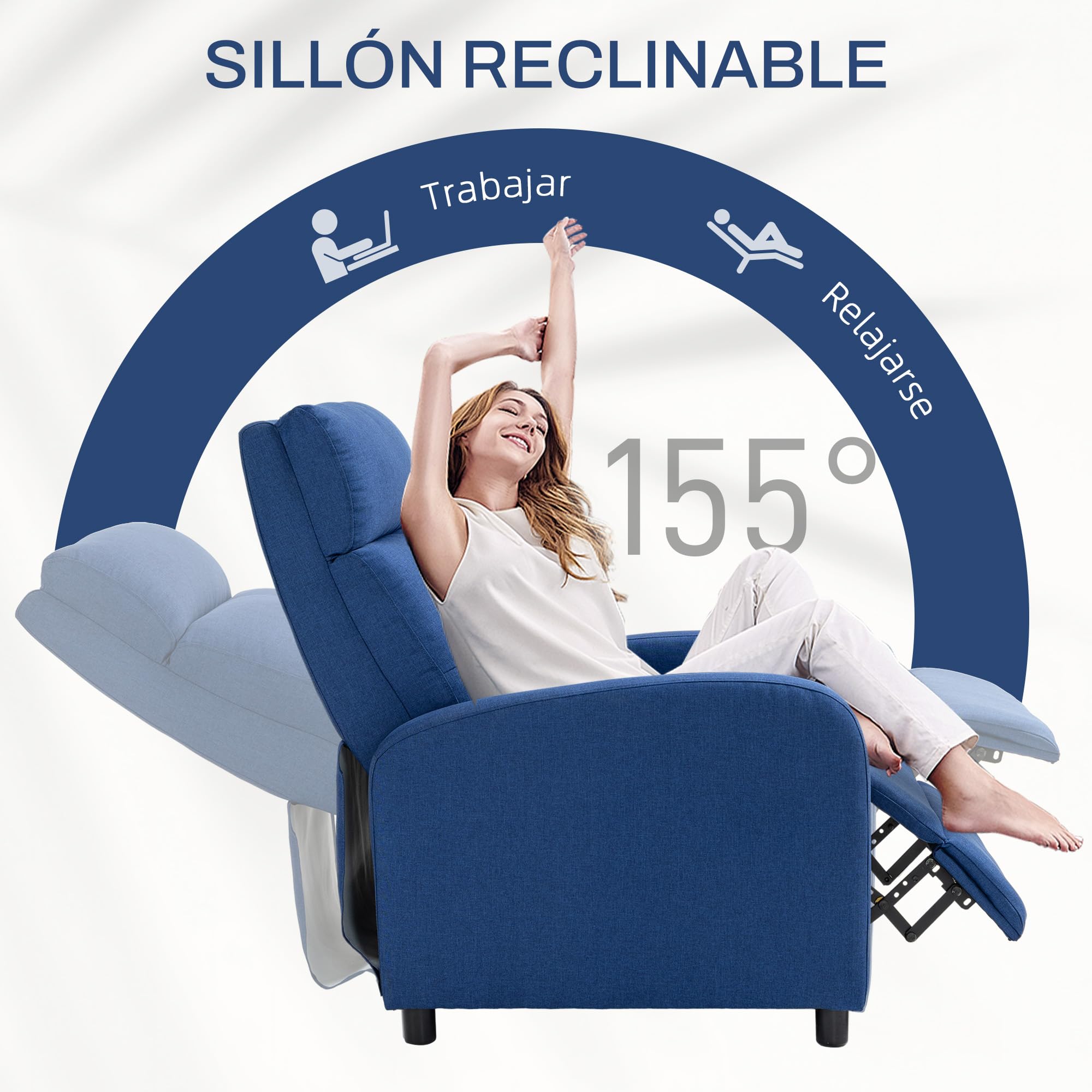 HOMCOM Sillón Relax Reclinable Manual, Sillón Relax de Lino con Apertura Push, Reposapiés, Respaldo Alto, Acolchado Grueso, Butaca Reclinable hasta 155º para Salón, Dormitorio, Oficina, Azul