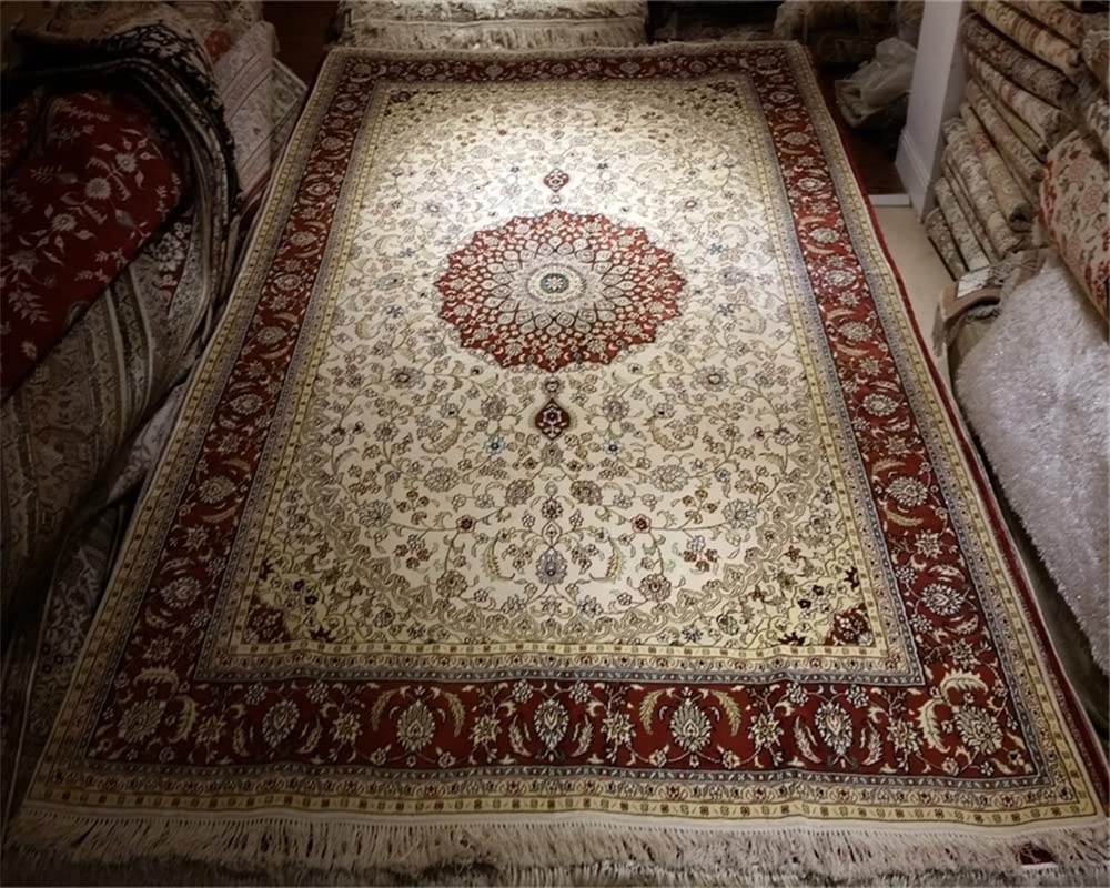 YAMEI Legend 6ft by 9ft Pure Handmade Silk Carpet Vintage Oriental Floral Rug for Bedroom