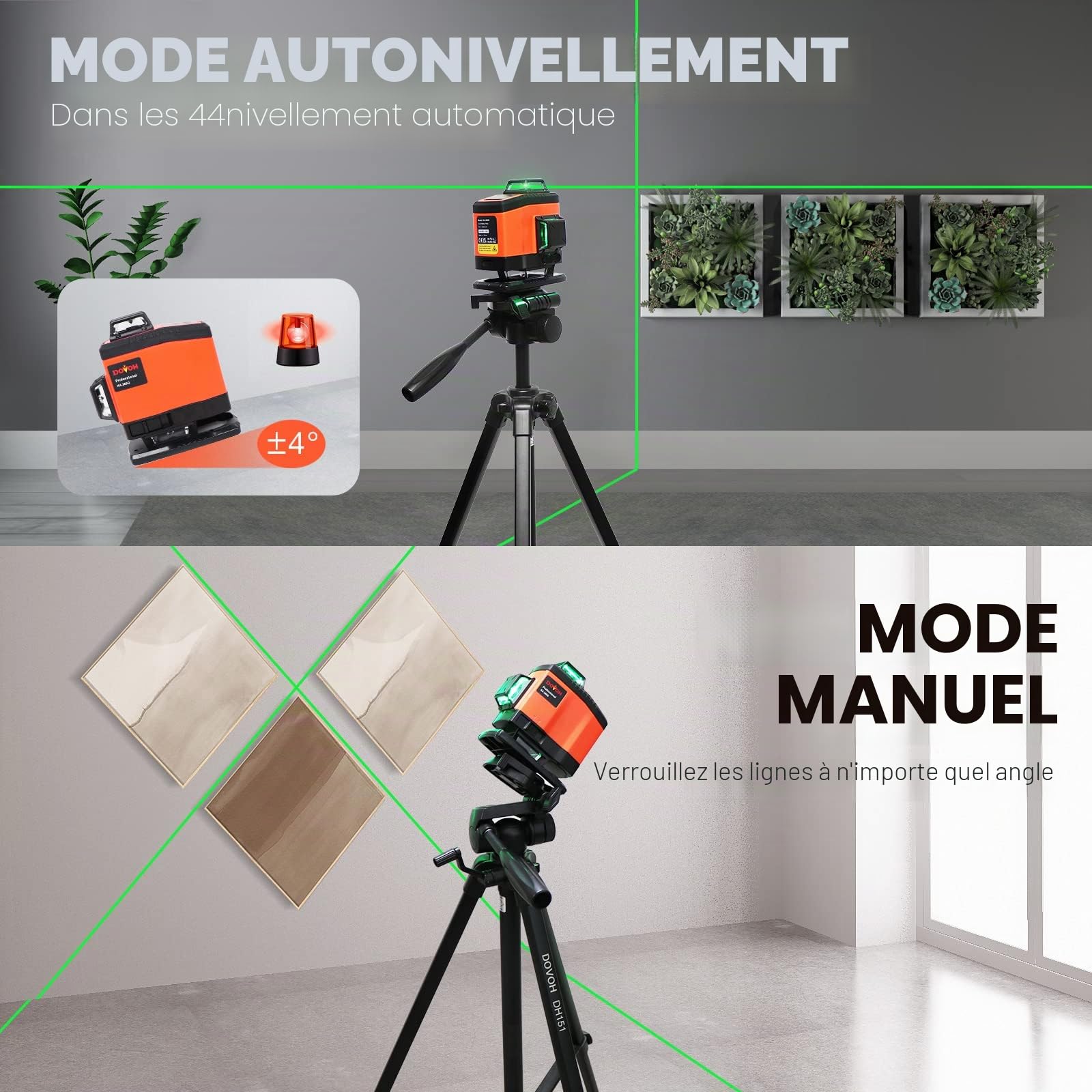 DOVOH Niveau laser auto-nivelant : niveau laser 4D à 16 lignes auto-nivelant 4 x 360 Faisceau vert pour carrelage au sol et plafond Double piles rechargeables Support magnétique inclus, K4-360G