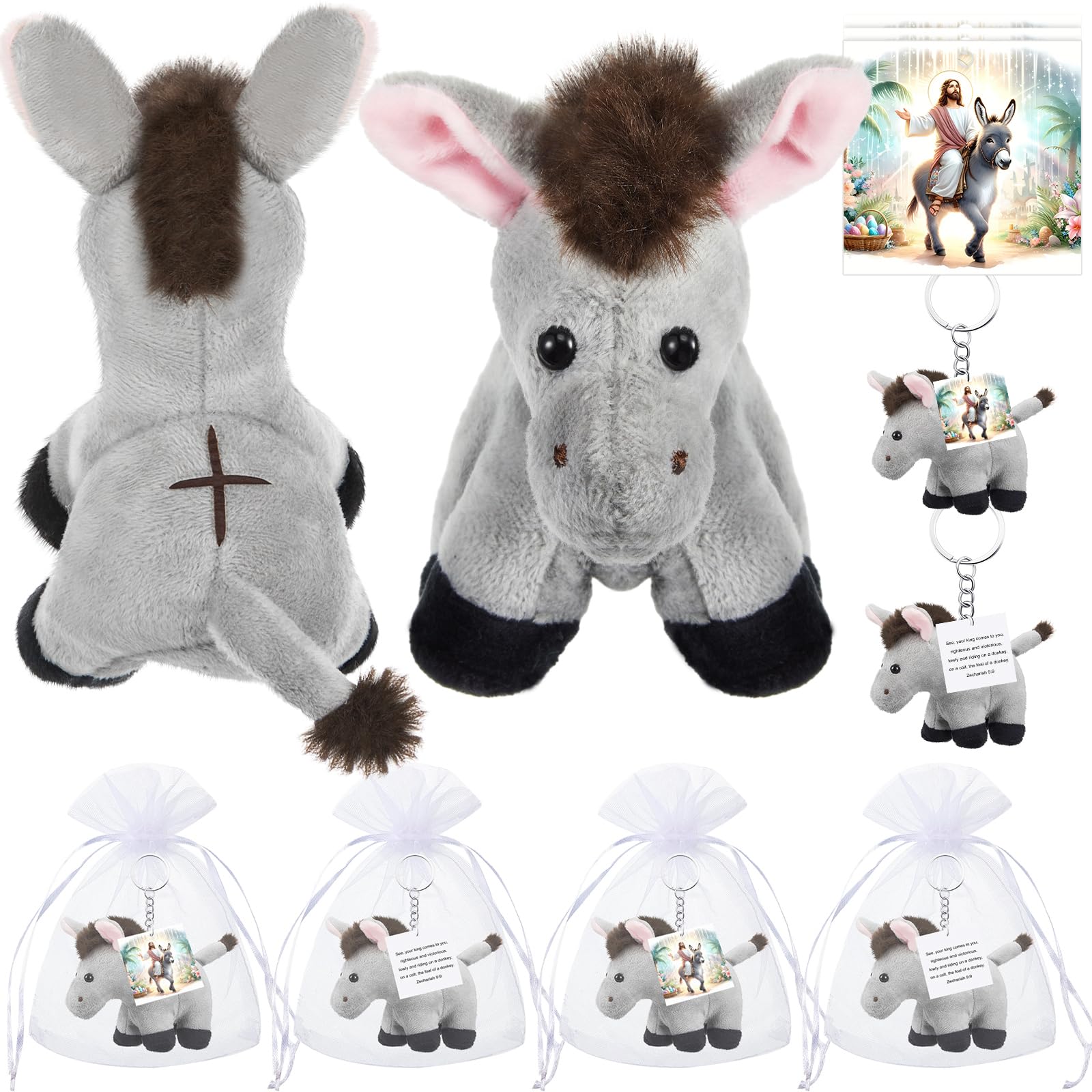 Shappy 6 Pack Easter Donkey Stuffed Animal Nativity Donkey Plush Toy Religious Jesus Stuffed Animal Keychain Christmas Decorations Christian Gifts for First Communion Christening Easter Christmas