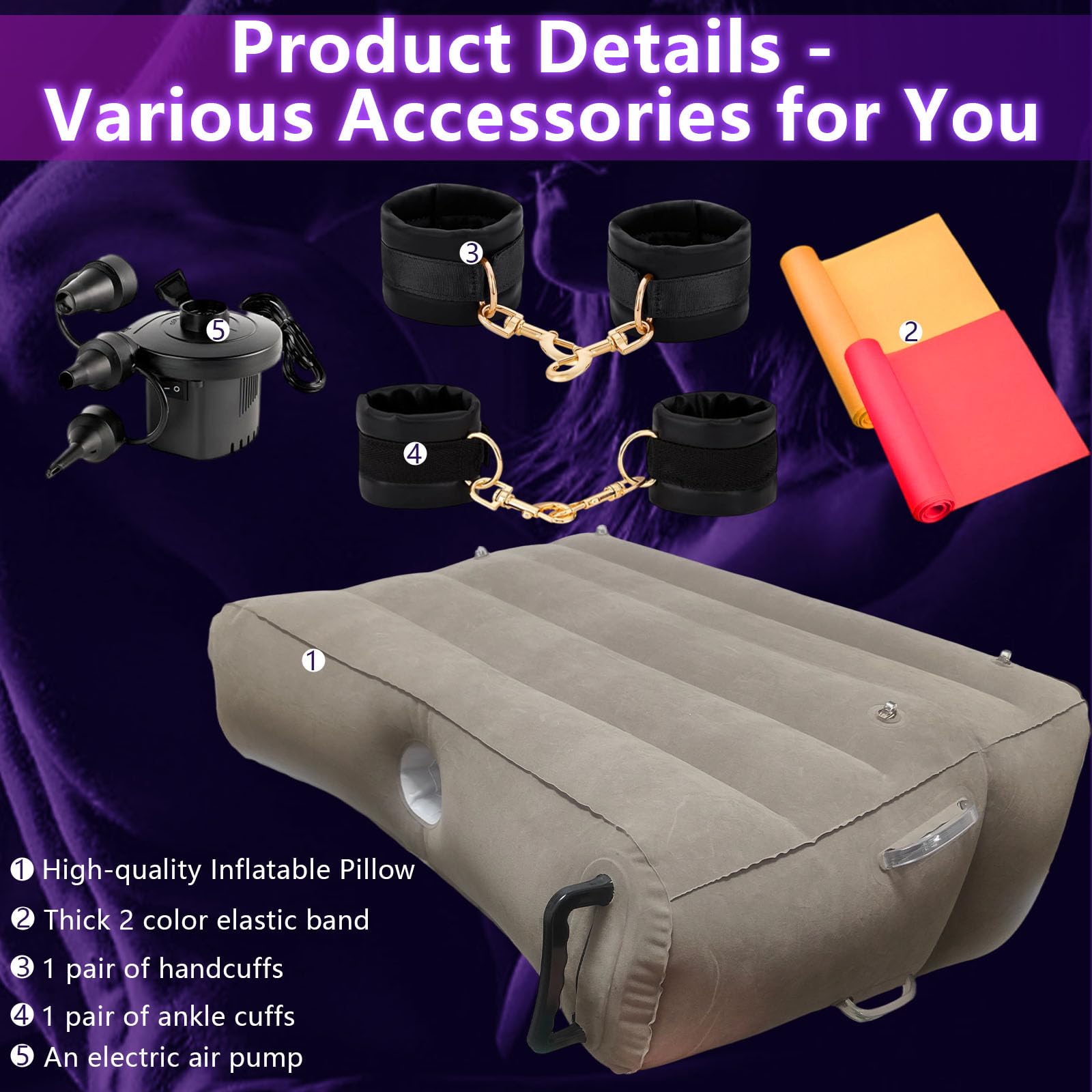 Coussin Gonflable Sexuel avec Support pour Godemiché, Coussin de Position Sexuelle avec Kit BDSM | Multifonctionnel | Menottes*4 & élastiques*2, Accessoire Portable pour l'Intérieur &l'Extérieur
