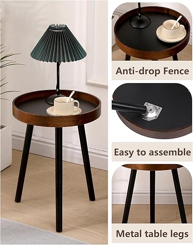 Miniatura 5 de Mesa auxiliar redonda pequeña, mesa auxiliar de madera maciza con 3 patas de metal, moderna mesa auxiliar circular para sala de estar, dormitorio,