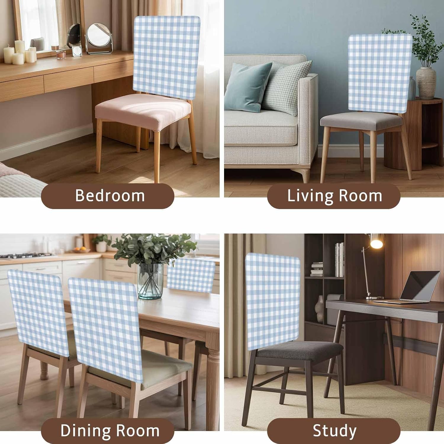 4Pack Dining Room Chair Back Covers Blue White Plaid Stretch Spandex Chair Cover Washable Slipcovers, Geometric Plaid Art Removable Furniture Protectors for Home Kitchen Wedding Party
