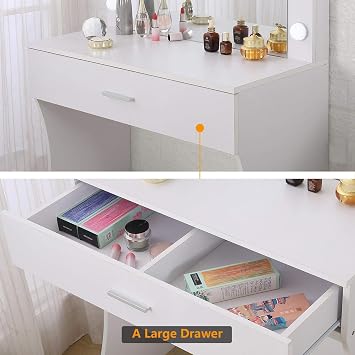 Vanity Table Set with Lighted Mirror - Makeup Vanity with Lights, Adjustable Brightness, Large Drawer Sturdy Wood Vanity, White 80x40x140cm