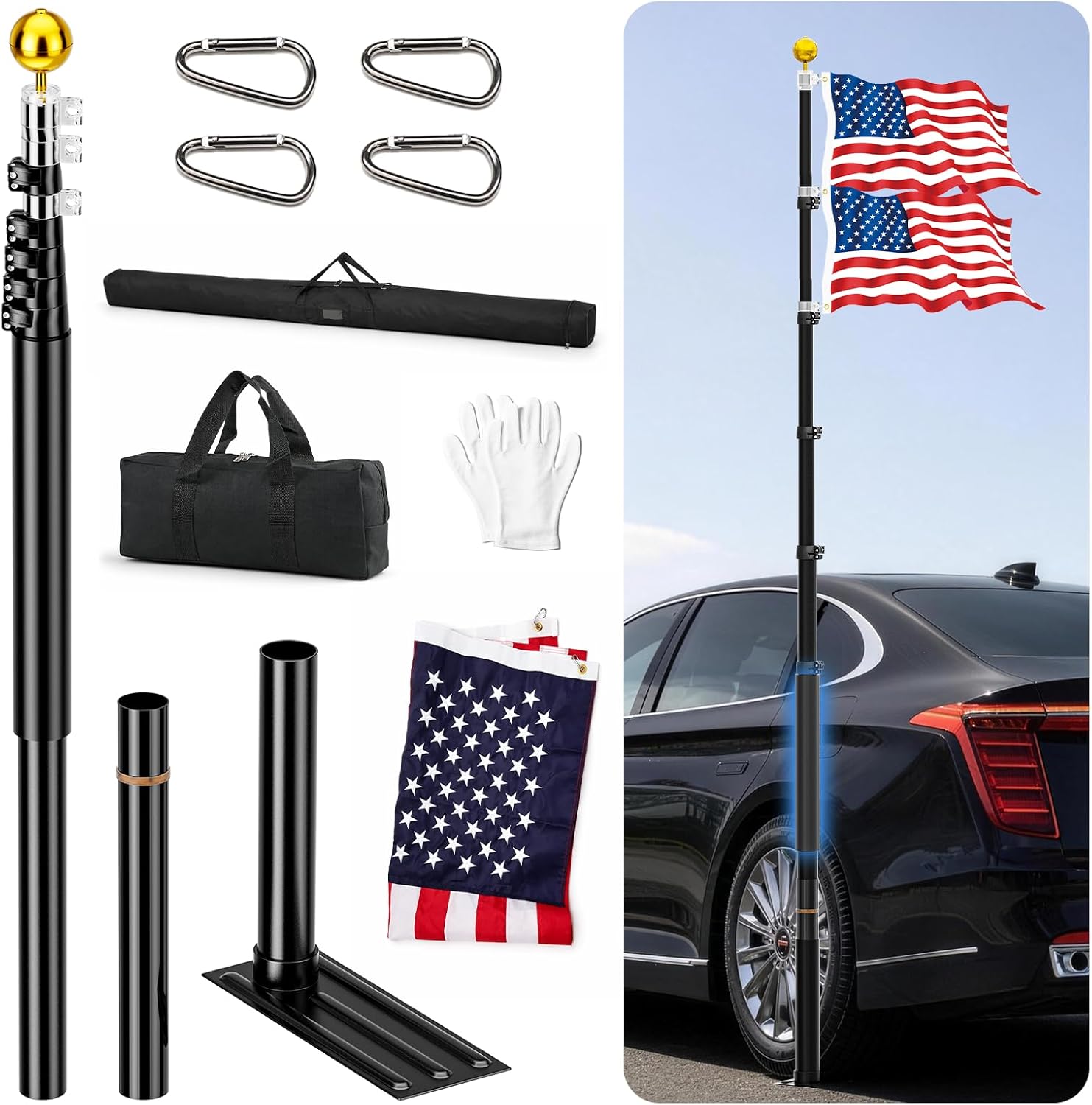 20 FT Tailgate Flag Pole with Tire Mount, Portable Heavy Duty Flag Pole Kit, Dual Mounting Options, RV Telescoping Flagpole with US Flag for Outdoor Tailgating, Camping, Black