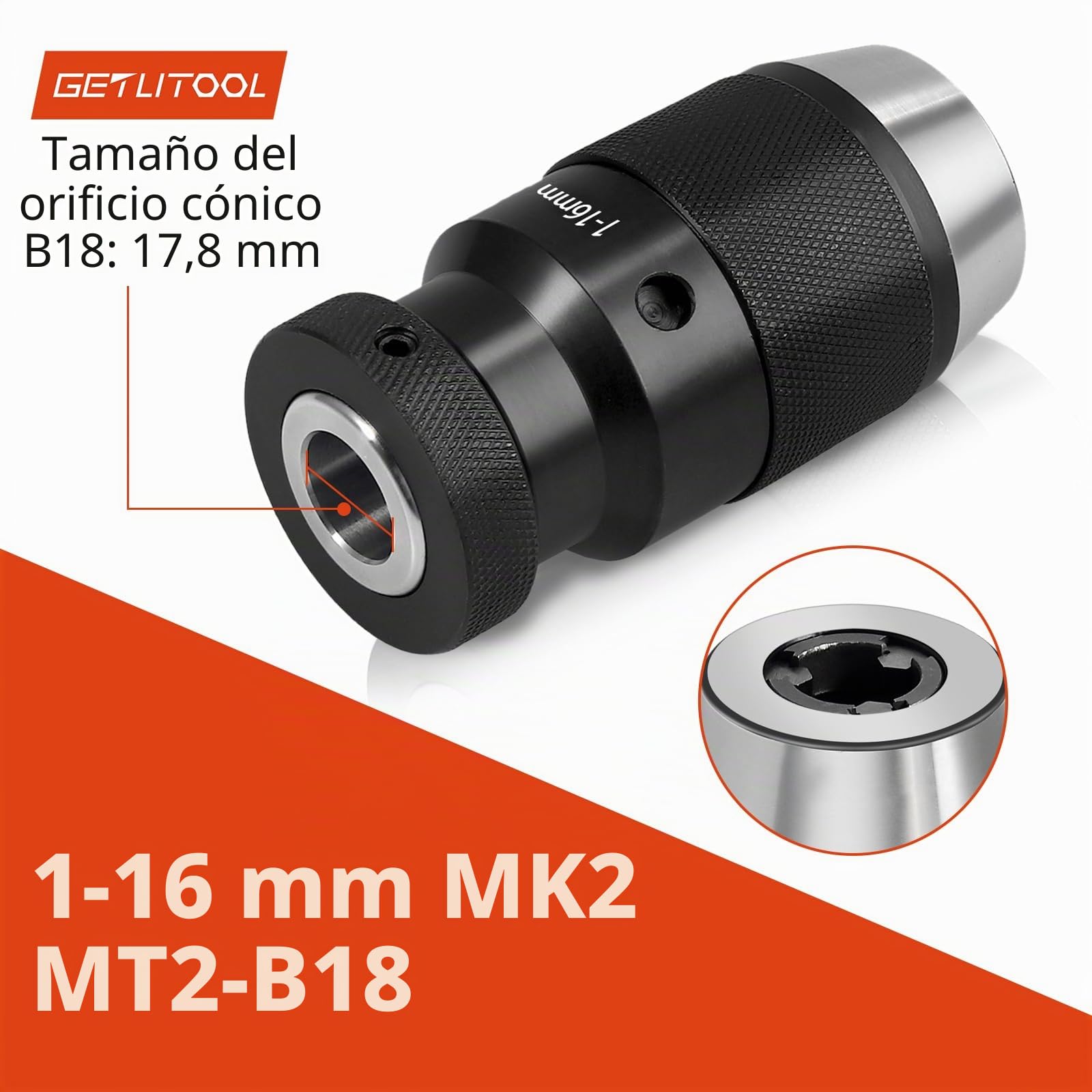 GETLITOOL Portabrocas Sin Llave de Ajuste Automático 1-16 mm MK3-B18, Cono Morse MK3 Autoaprehensible para Torno, Taladradora de Columna y Fresadora