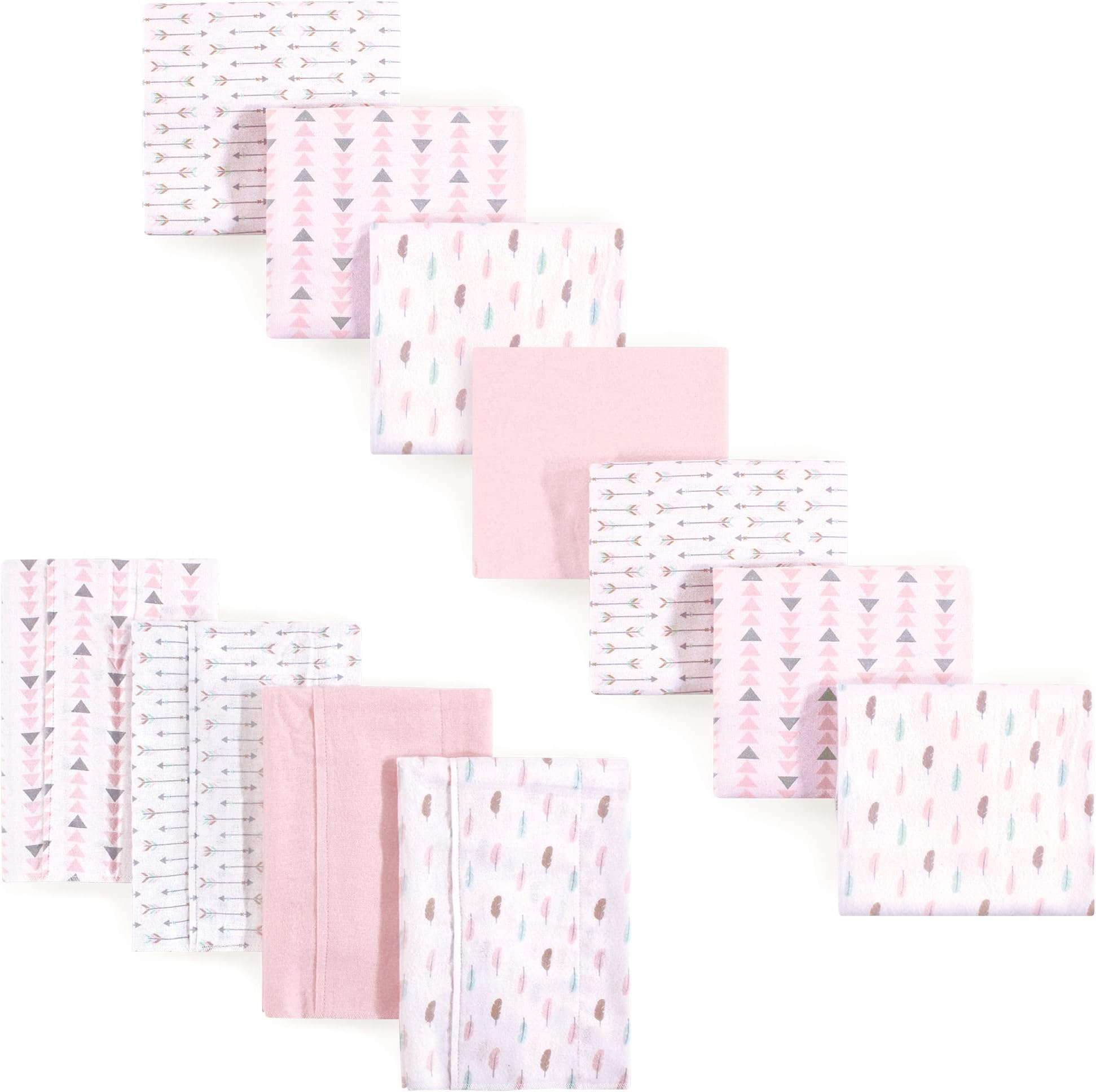 Unisex Baby Cotton Flannel Burp Cloths and Receiving Blankets, 11-Piece, Girl Feathers, One Size