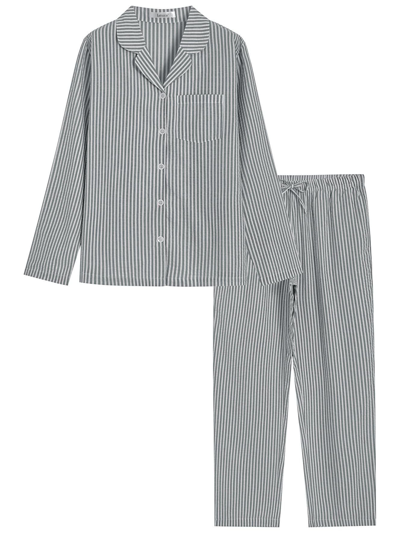 Latuza Women's Cotton Long Sleeve Pajama Set Seersucker Button Down Pj Set