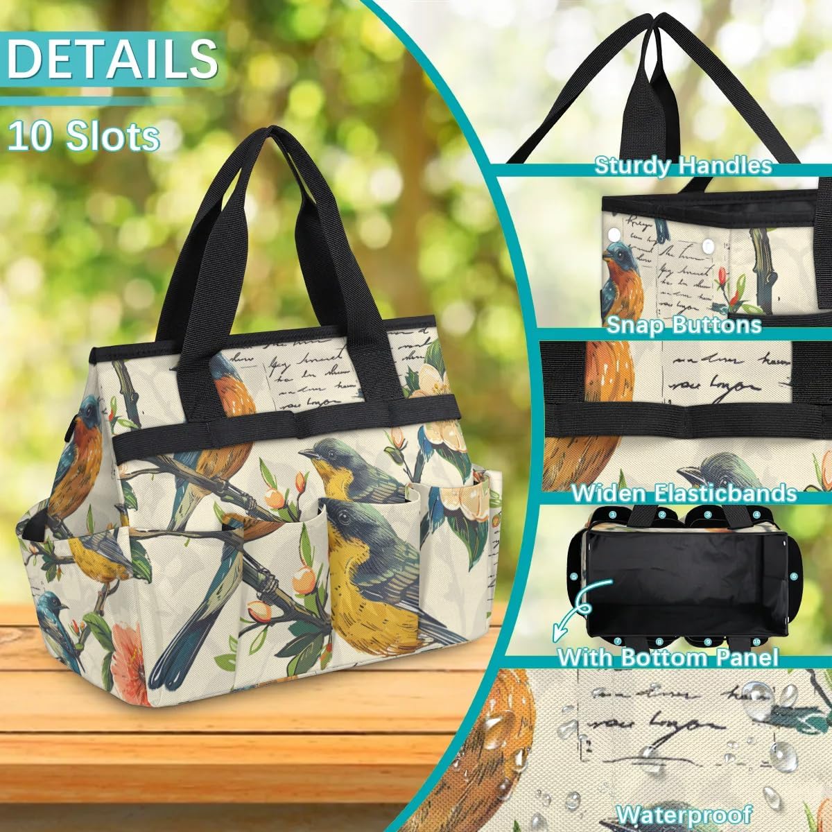 Garden Tool Bag Organizer Garden Tote Bag with Pockets Retro Bird Flower Tool Storage Organizer Gardening Tool Kit Holder 13" x 6.8" x 2.8"