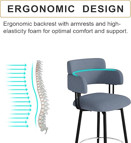 Miniatura 6 de Juego de 2 taburetes de bar giratorios de 24 pulgadas de altura de mostrador con tela de lino tapizada, respaldo completo ergonómico, giratorio de