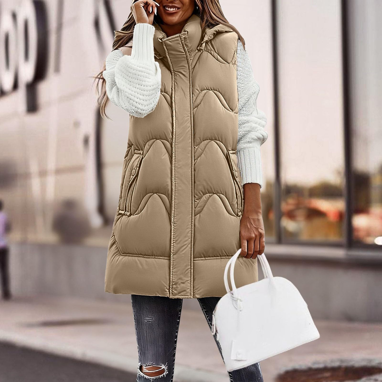 Genérico Abrigo sin Mangas de Invierno para Mujer,chaleco acolchado chaqueta con bolsillo Borrego Mujer acolchada talla grande Chaleco plumón Elegante