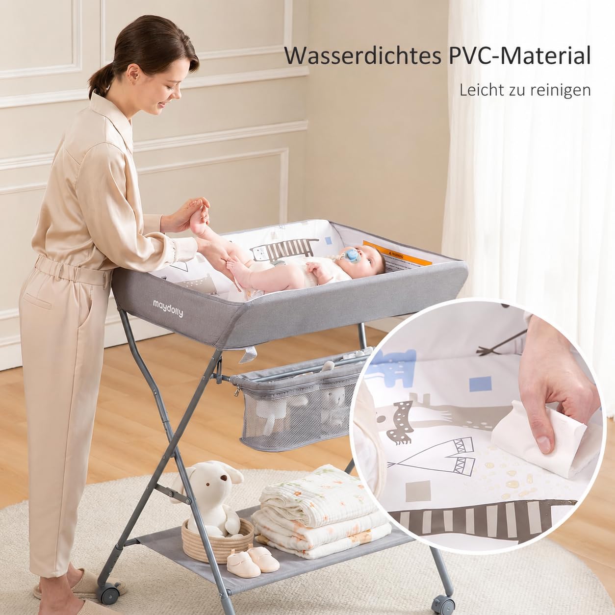Maydolly Baby Klappbar Wickelkommode, Mobiler Wickeltisch mit Rollen und Wickelauflage, Wasserdicht, Höhenverstellbar, hellgrau