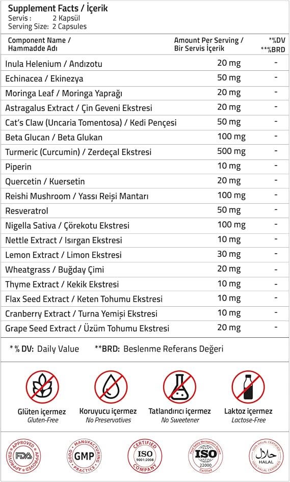 Validus Curcumin 500 mg + Piperin + Inula Henelium + Astragalus + Quercetin + Reishi + Moringa 60 Capsules