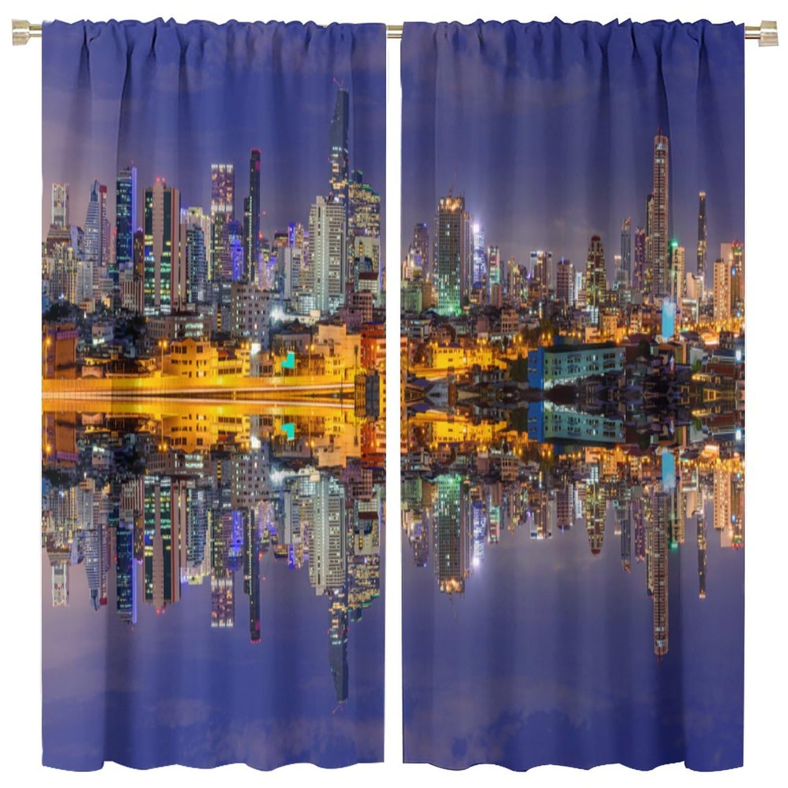 Landscape Curtains, Cityscape Scenery of New York City at Midnight USA Ocean Reflection Coast Photo for Bedroom Living Room Darkening Window Drapes 2 Panels 63x63in