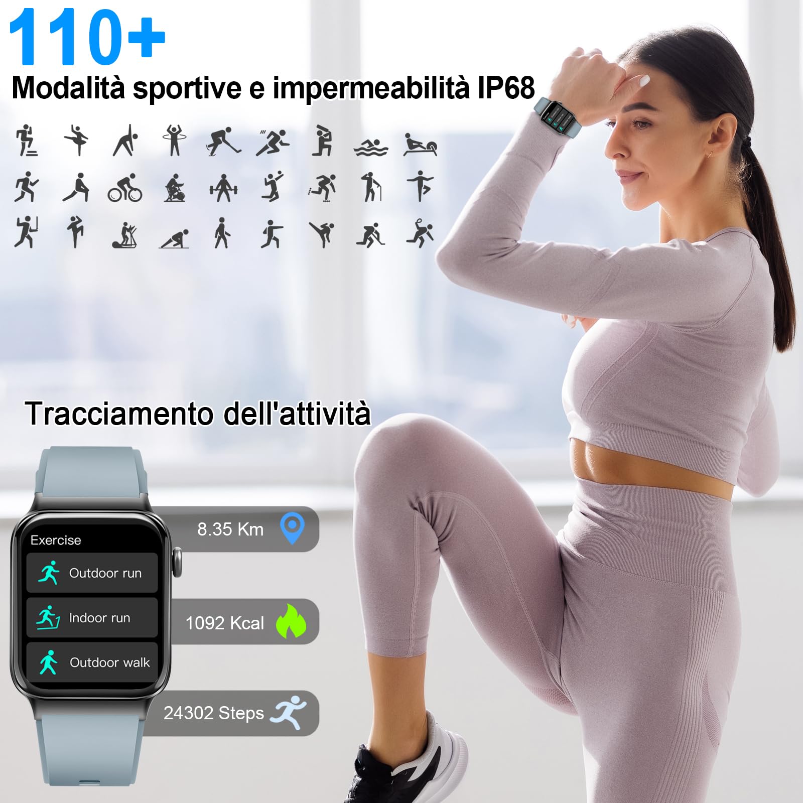Smartwatch Uomo Donna, 1.85" HD Orologio Bluetooth Effettua/Risposta Chiamate, 110+ Sportive Smart Watch Cardiofrequenzimetro/Contapassi/SpO2/Sonno, Impermeabile IP68 Fitness Tracker per Android iOS
