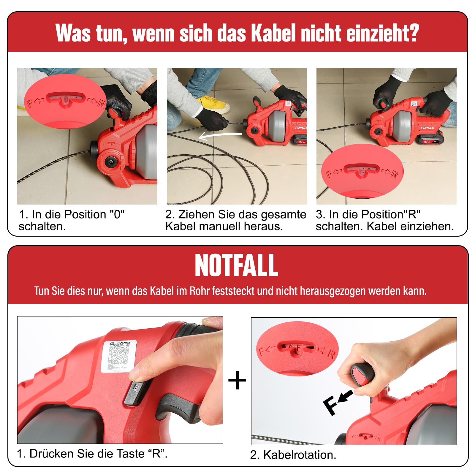 POPULO Kabellose WC-Rohrreinigungsspirale 20 V, 7,6 m, mit Führungsrohr
