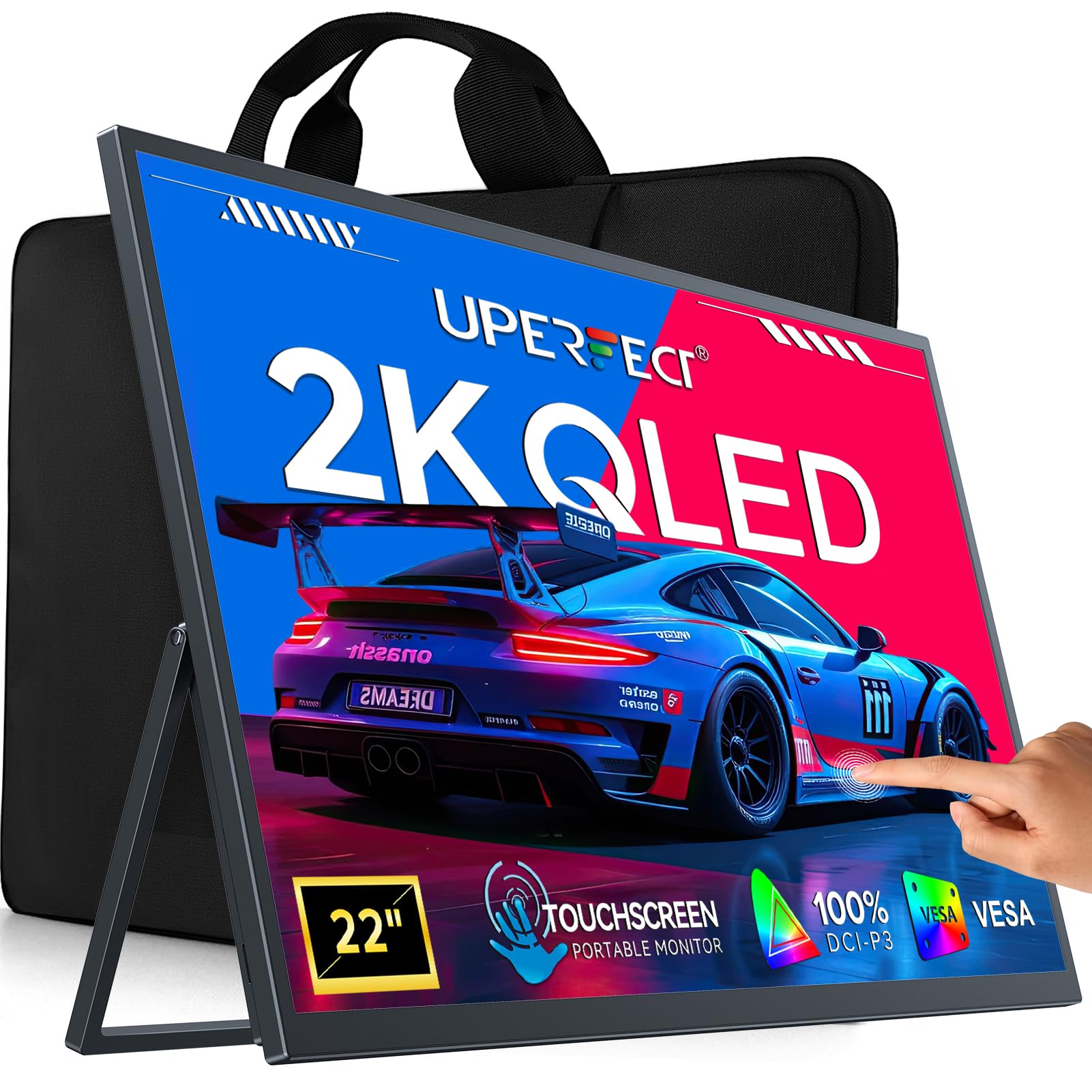 UPERFECT Portable Monitor Touchscreen 2K QLED，22" Gaming Monitor w/VESA & 180° Adjustable Stand, 2560×1440 QHD FreeSync HDR, 100% DCI-P3, USB-C HDMI Travel Second Monitor for Laptop, PC, Game Console
