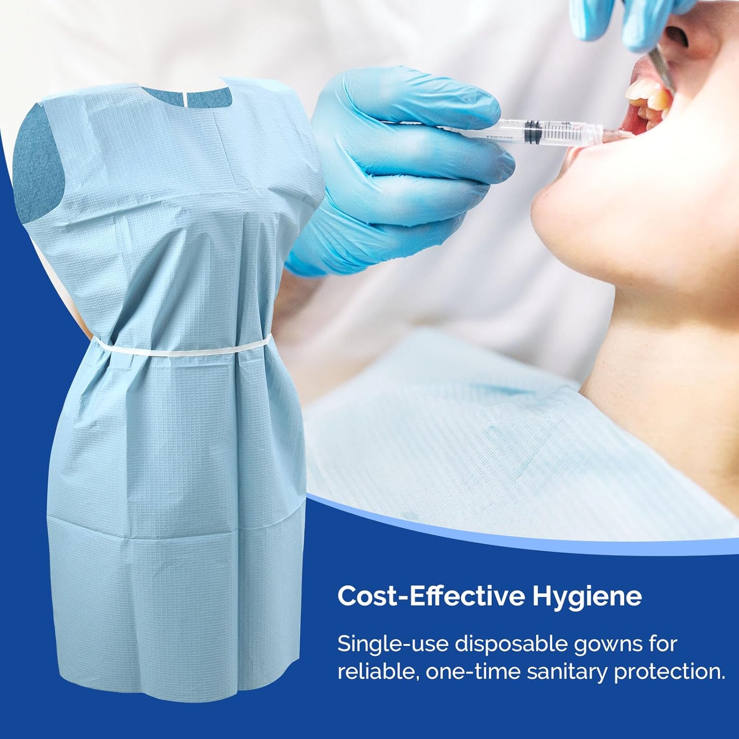 JMU 50 Pcs Disposable Patient Gown 30" x 42", 3-Ply Medical Patient Gowns for Exam, Front or Back Opening, Blue