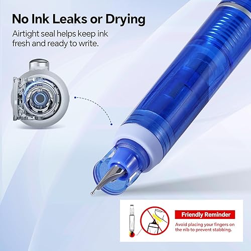 Miniatura 4 de WRITECH Clictek Pluma estilográfica retráctil: tinta azul, plumín mediano, barril transparente, set de regalo incluye 5 cartuchos de tinta para una