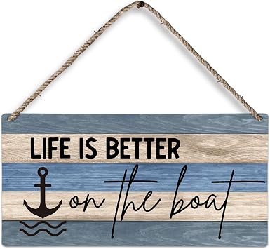 huester Lake House Rustic Wood Plaque Sign, Lake House Decor for the Home, Nautical Anchor Wall Decor, Gifts for Boat Owners, Life Is Better on The Boat Wall Hanging Decor, 12x6 inches 652