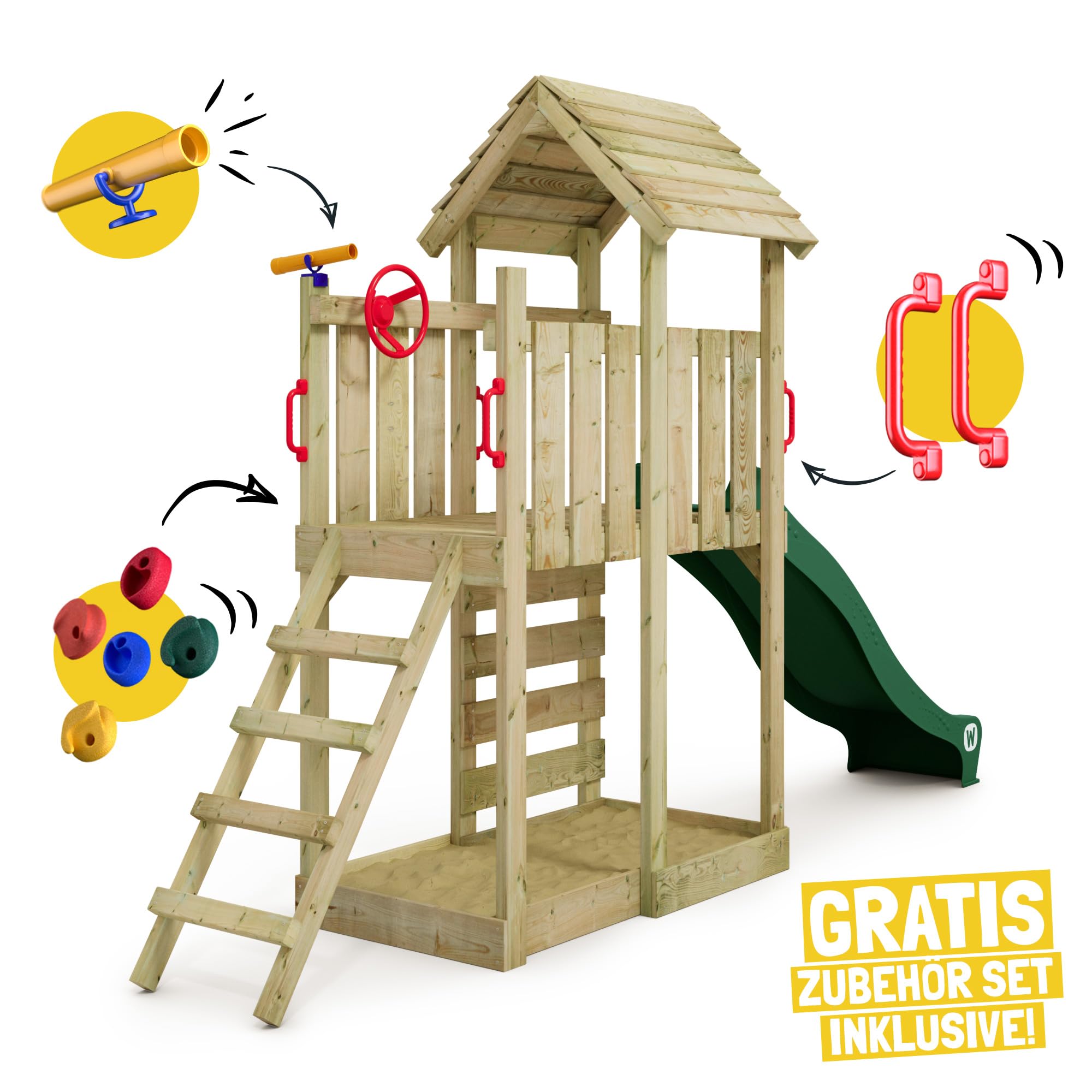 WICKEY Spielturm Klettergerüst JoyFlyer mit Holzdach & grüner Rutsche, Outdoor Kinder Kletterturm mit Sandkasten, Leiter & Spiel-Zubehör für den Garten
