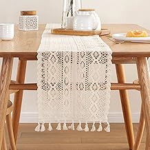 Onlyesh Beige Macrame Table Runner 24x180cm Vintage Lace Table Runner with Tassels for Bohemian Wedding Dining Table Home Decoration