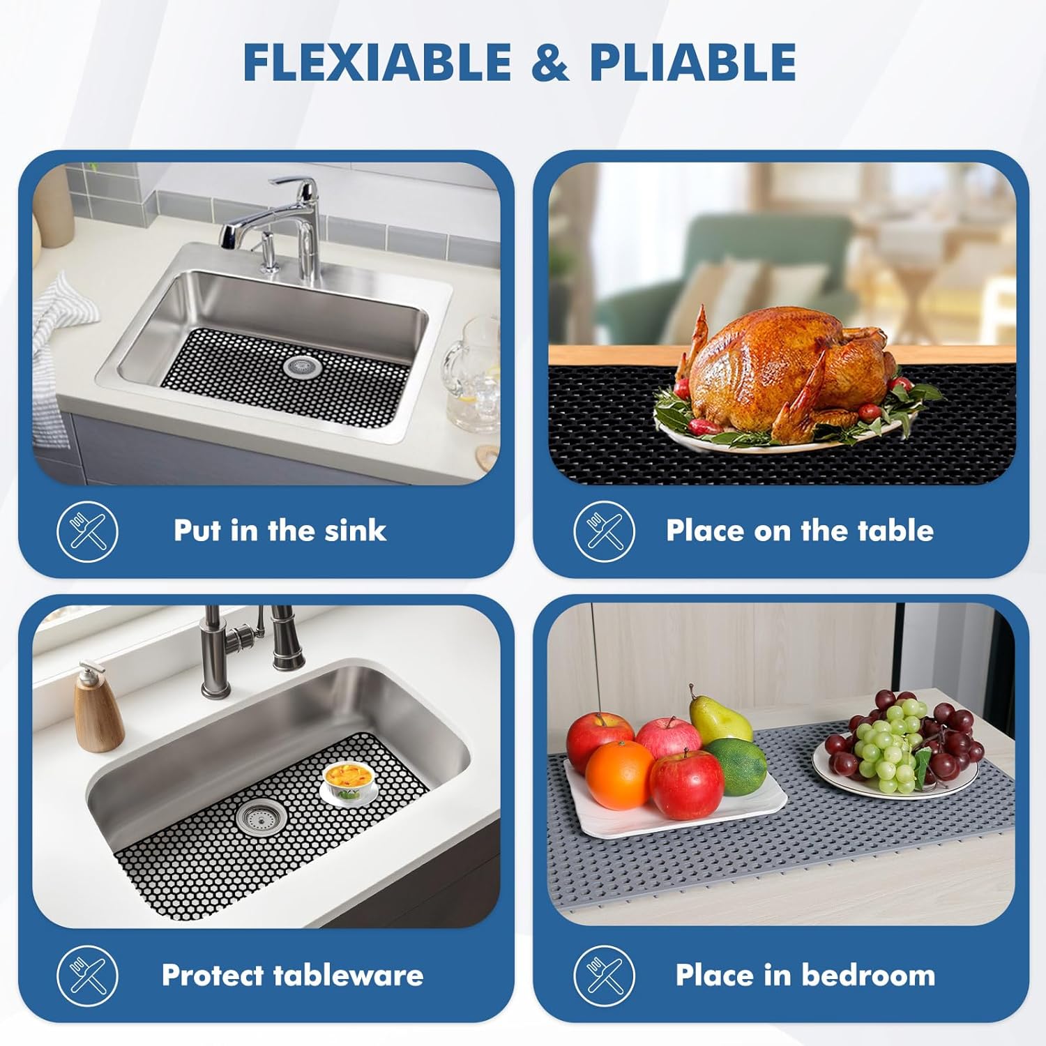 Bestjing Silicone Sink Protectors for Kitchen Sink with Rear Drain - 26"x 14" Kitchen Protector Accessory, Non-Slip Heat Resistant Grid Mat for Bottom of Farmhous Stainless Steel (Rear Hole, Black)