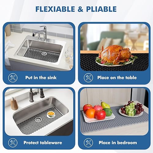 Miniatura 90 de Paquete de 2 tapetes de silicona para fregadero de 13.58 x 11.6 pulgadas, protectores para fregadero de cocina con drenaje central, rejilla Gris