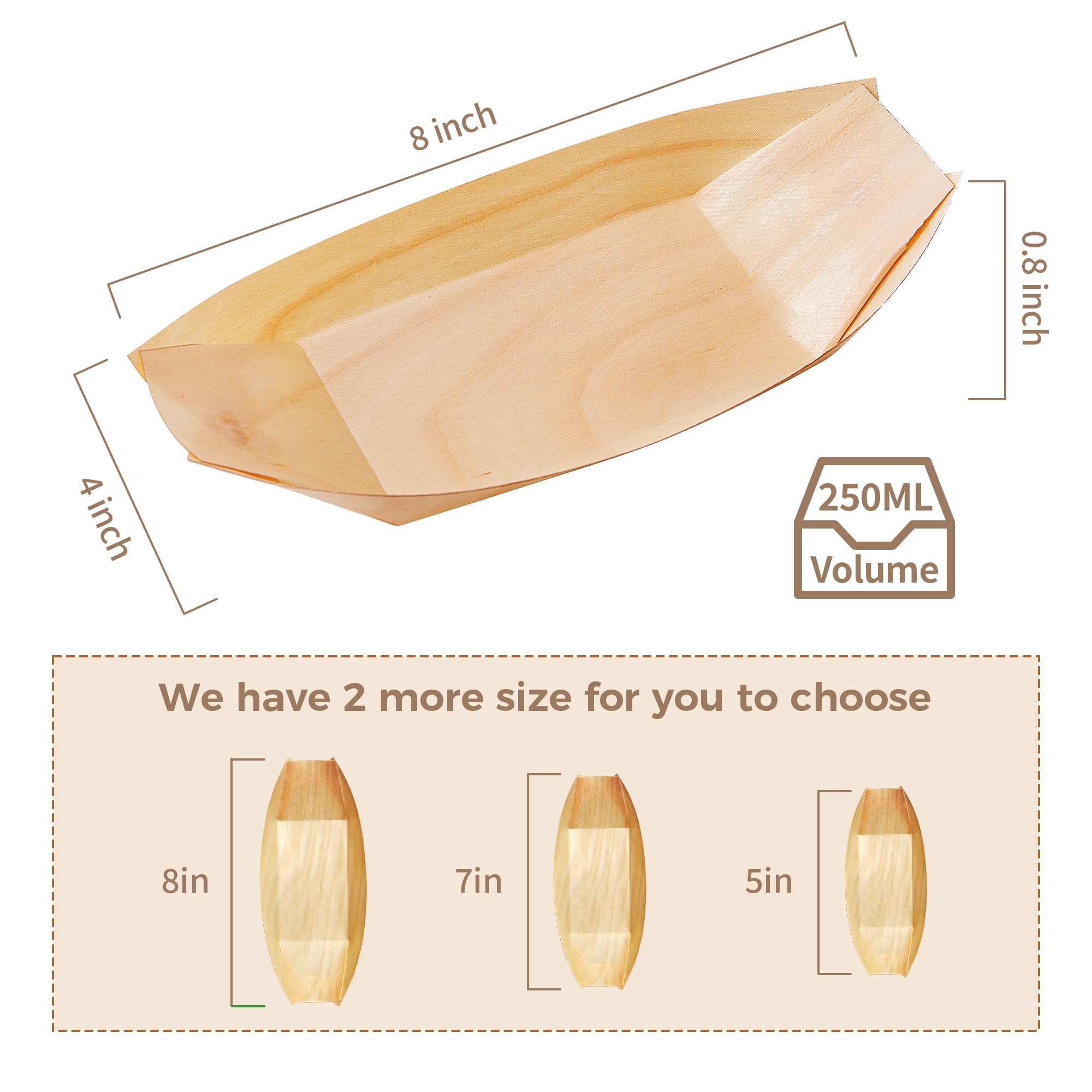 Platos/platos desechables de madera para barco (300, 8 pulgadas de largo x 3.9 pulgadas de ancho x 0.8 pulgadas de alto).