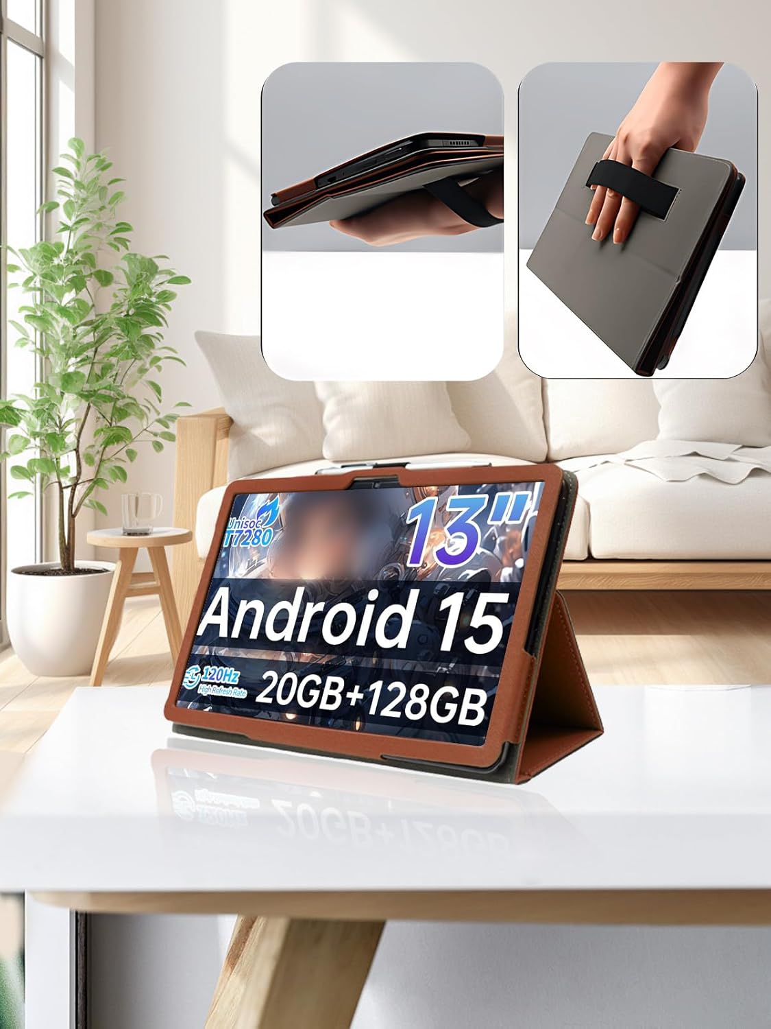 for TECLAST T65 13.4 Inch Android Tablet Case,BOVUGAC Folding Stand Protective Cover with Pencil Holder and Wrist Strap,Full Protection, Premium PU,Scratch Resistant(Brown)