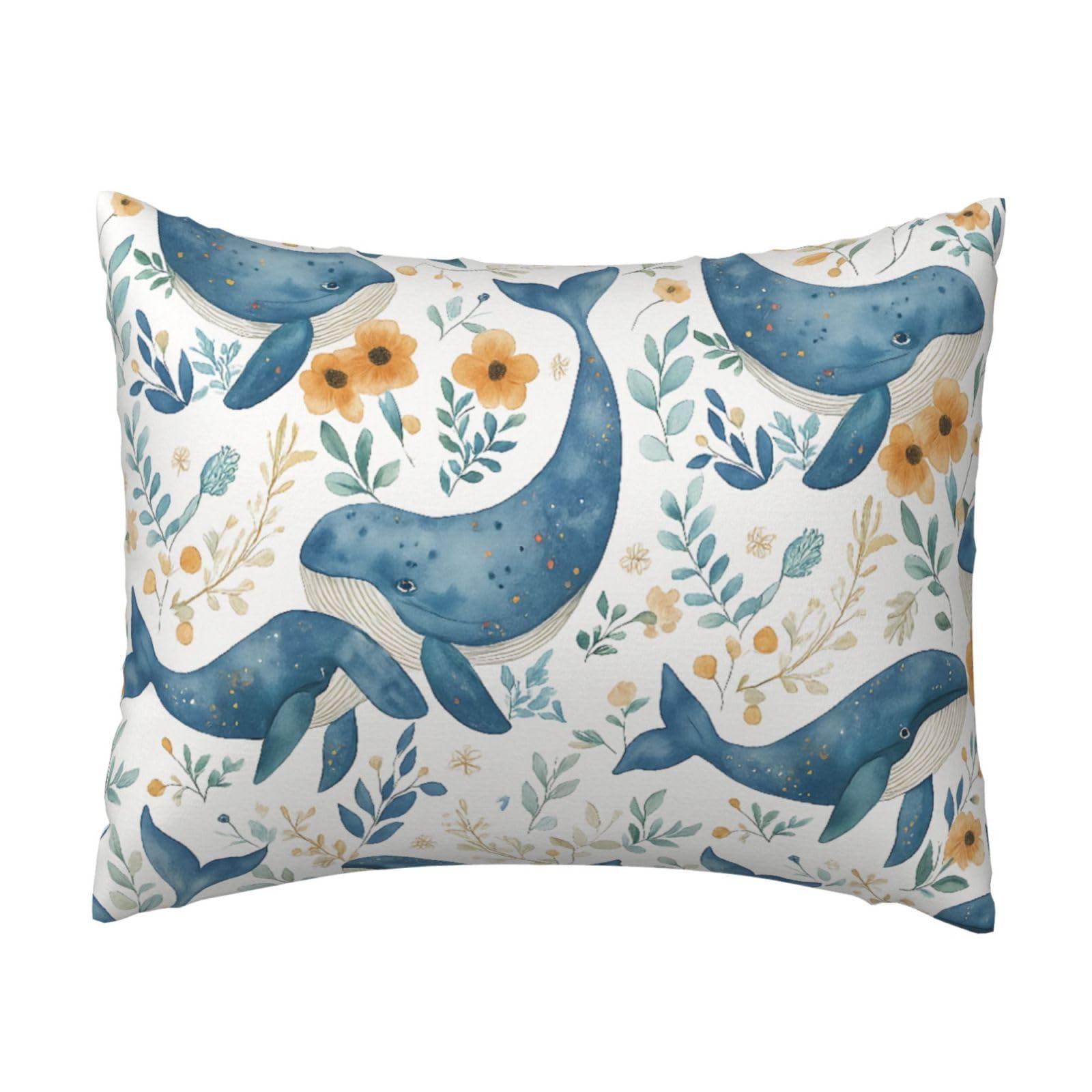 Watercolor Whale & Floral Pillowcase Soft Plush with Zipper Decorative Pillowcovers 16x20 in