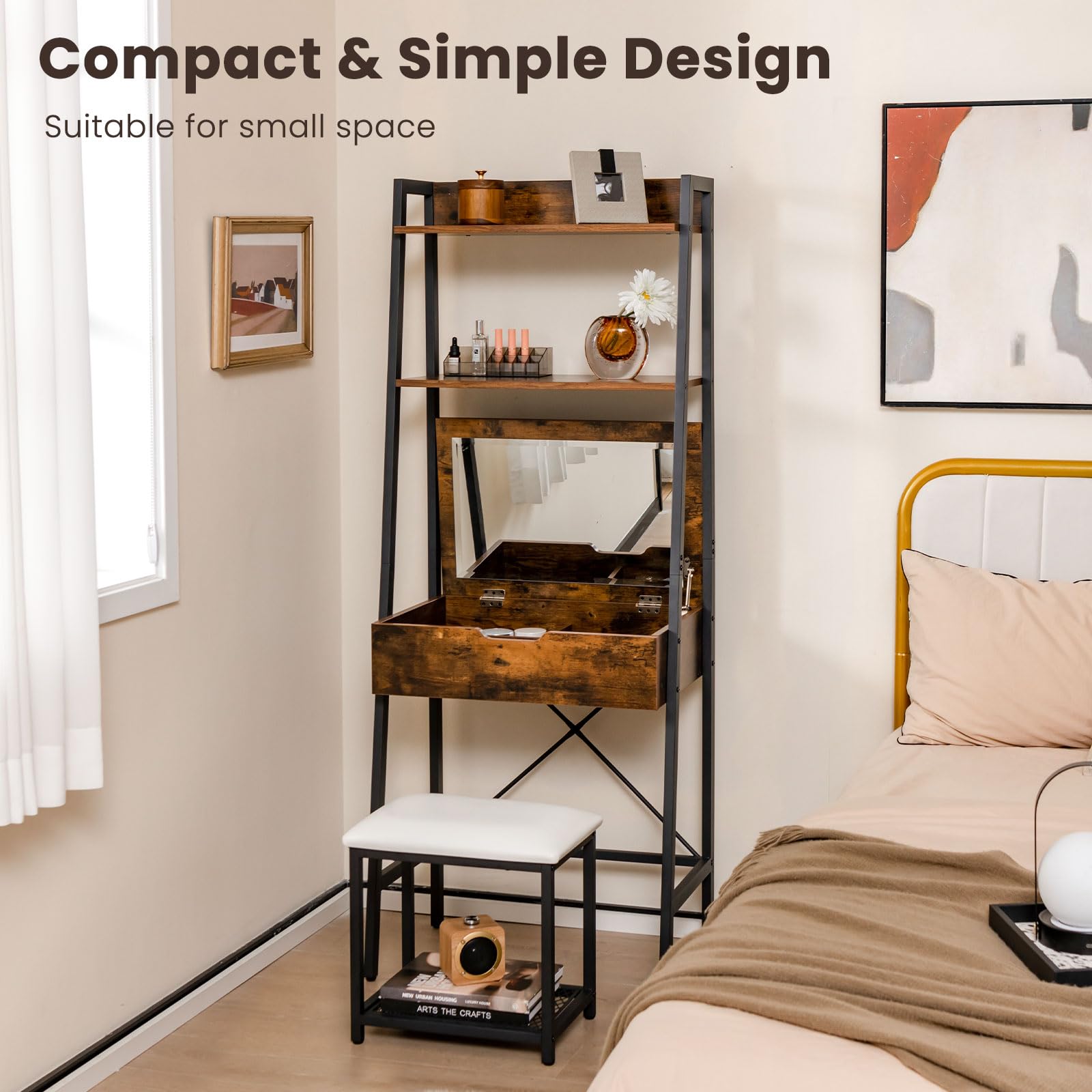 COSTWAY Vanity Desk Set with Flip-up Mirror, Ladder Vanity Table and Cushioned Stool Set w/ 4 Storage Compartments, Small Makeup Dressing Table for Small Spaces, Bedroom (Rustic Brown + Black)
