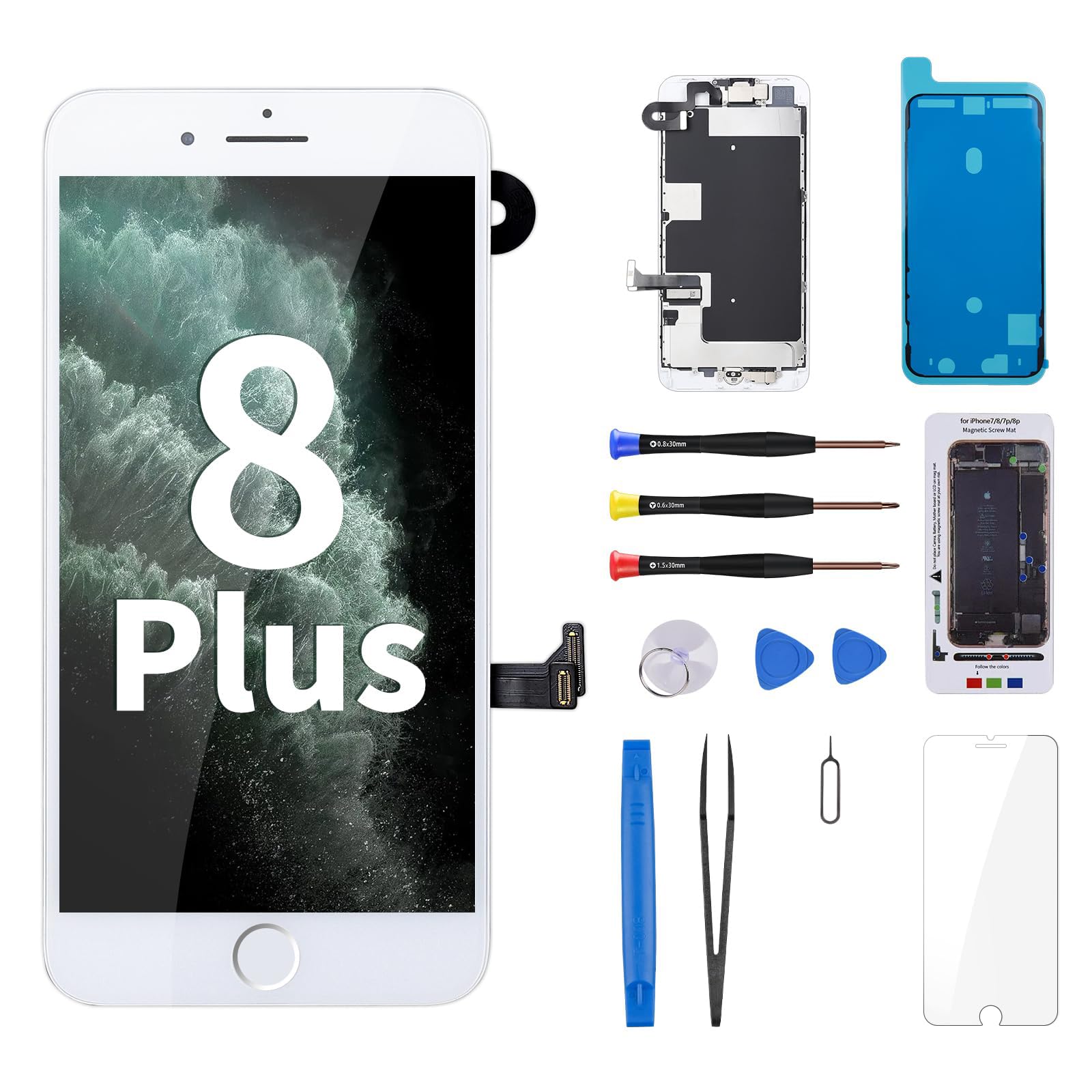 CYKJGS for iPhone 8 Plus Screen Replacement White with Home Button Repair Kit 3D Touch LCD Display Digitizer Full Assembly Front Camera Ear Speaker