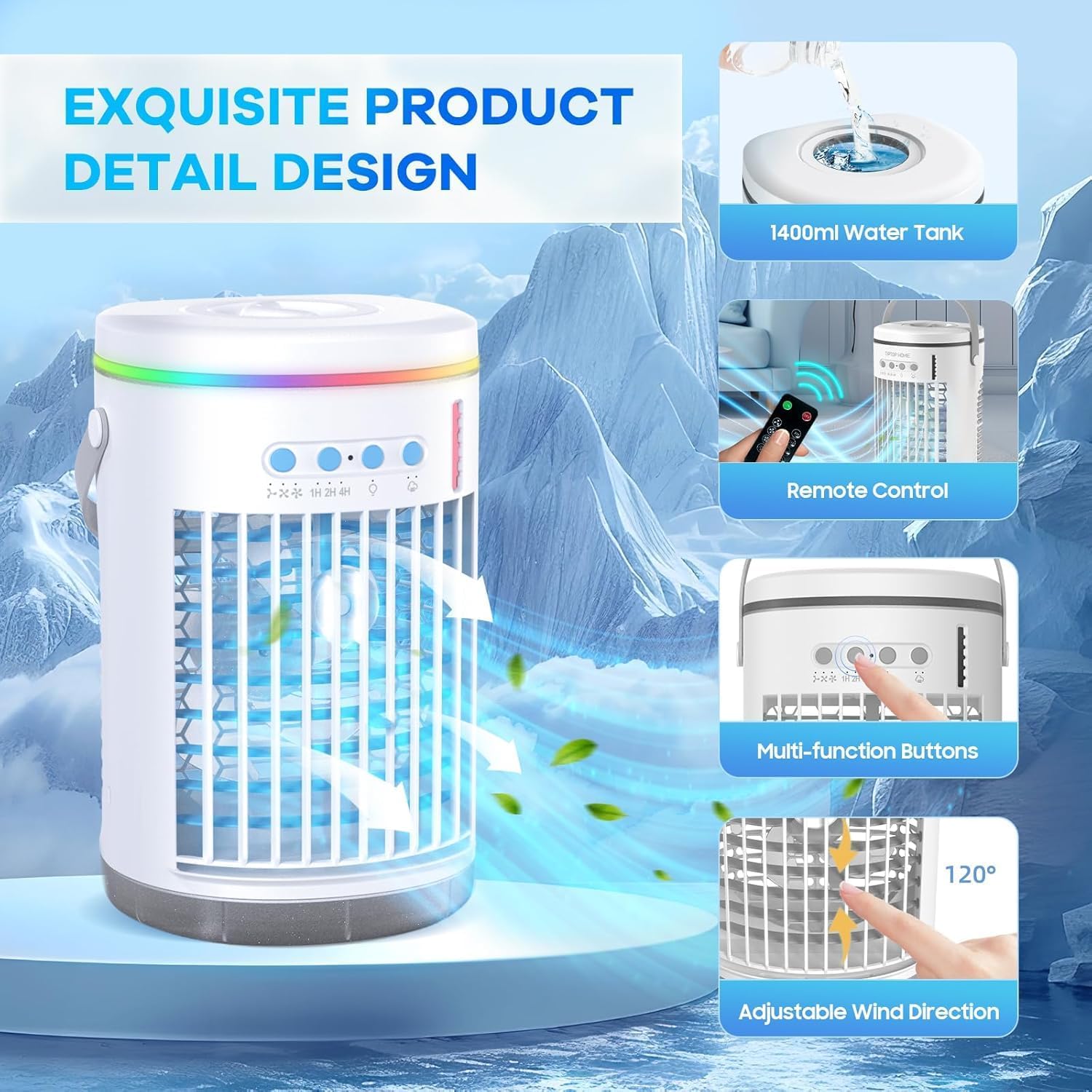 Portable Air Conditioners, 1400ML Mini Air Conditioner Evaporative Personal Cooler Humidifier with Remote, 3 Speeds Mini AC Desktop Cooling Fan for Home Office Bedroom