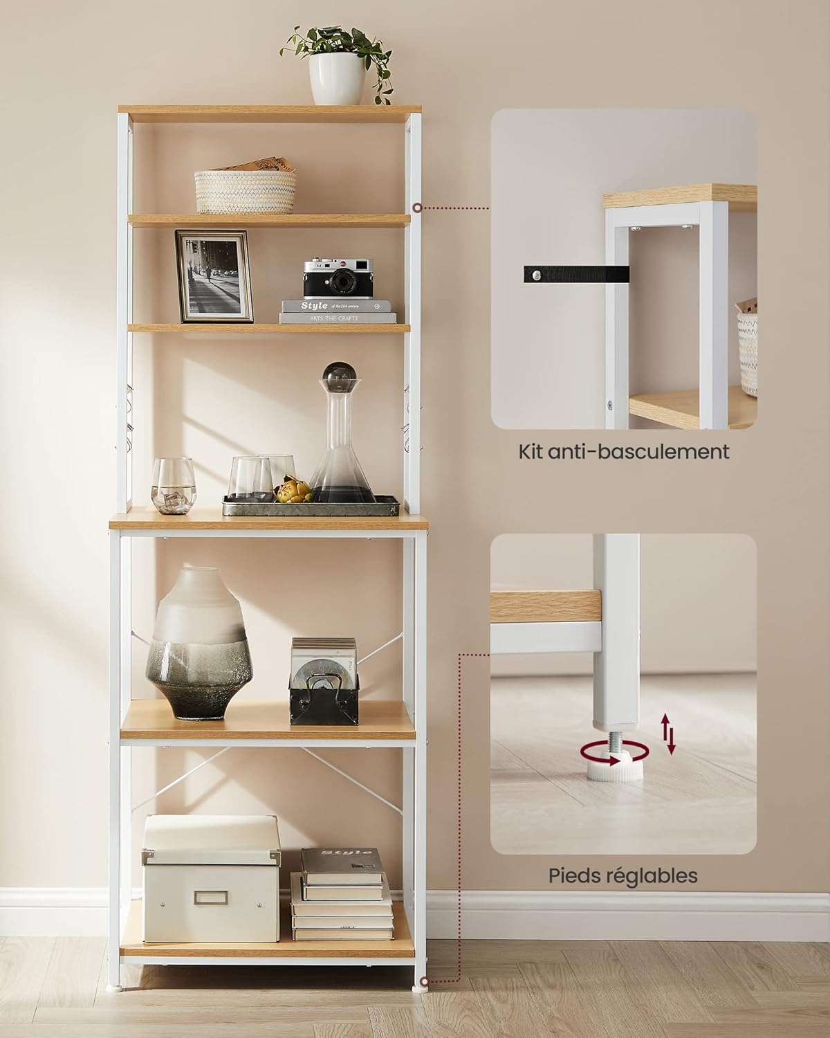 Image showing the anti-tip kit and adjustable feet for the VASAGLE KKS024W09 Kitchen Shelf.