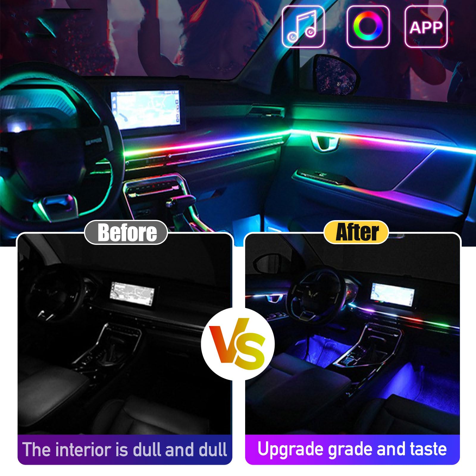 Éclairage intérieur LED de voiture - Bande d'éclairage d'ambiance en acrylique avec 593 LED en fibre optique - Kit d'éclairage d'ambiance - 16 millions de couleurs - Fonction active au son - Lumière
