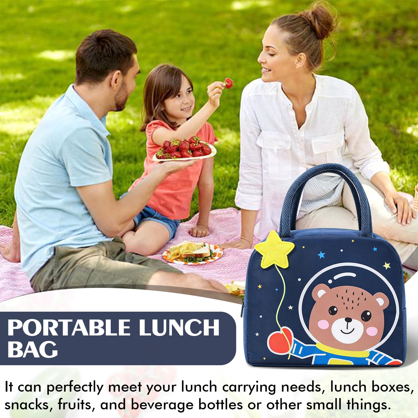 Insulated Reusable Lunch Tote Bags Cartoon Portable Lunch Box for Work Office Picnic Beach Space Bear — view 5