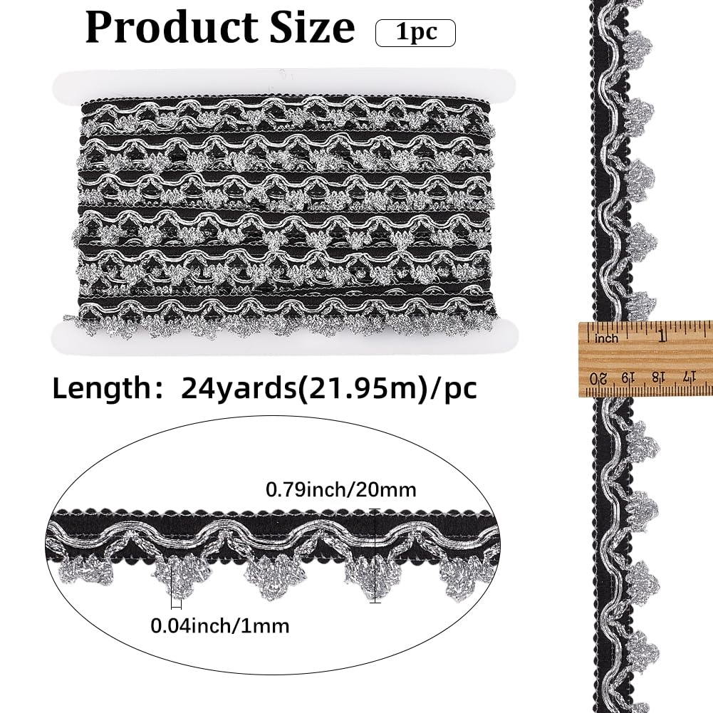 GORGECRAFT 24 Yards x 20mm Metallic Lace Ribbon Filigree Edging Decorative Trim Black Silver Glitter Wavy Edge Applique Woven Trim Embroidered Fabric Ribbon for Sewing Wedding Headband Curtain - Image 2