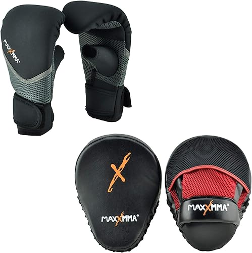 MaxxMMA Kit de entrenamiento de boxeo MMA  Pro Punch Mitts + guantes de neopreno lavables (negrorojo, LXL)