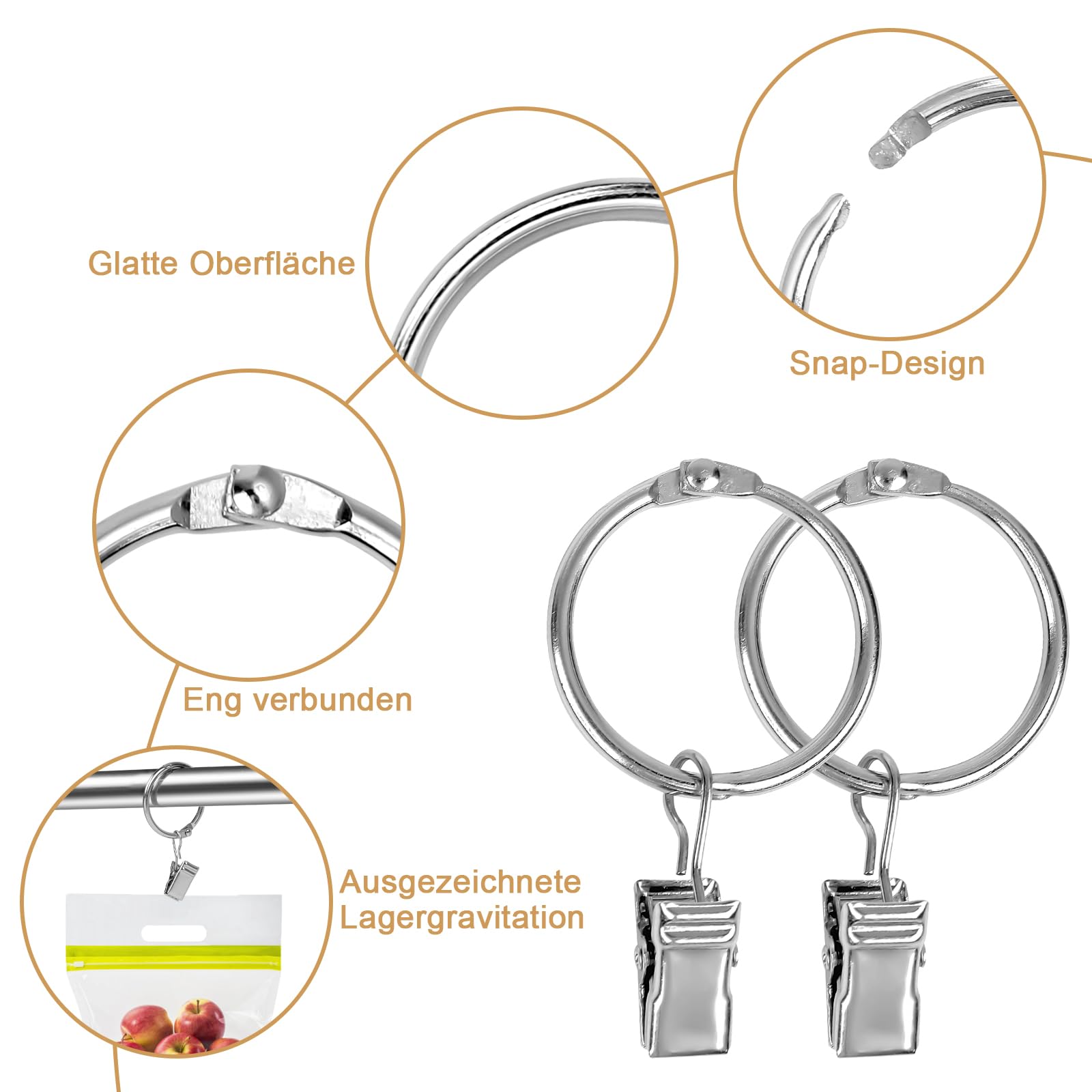 40 Schwarze Vorhangringe Mit Clips – Ø 3,2 Cm, Für Stangen Bis 2,5 Cm, Gardinenhalter