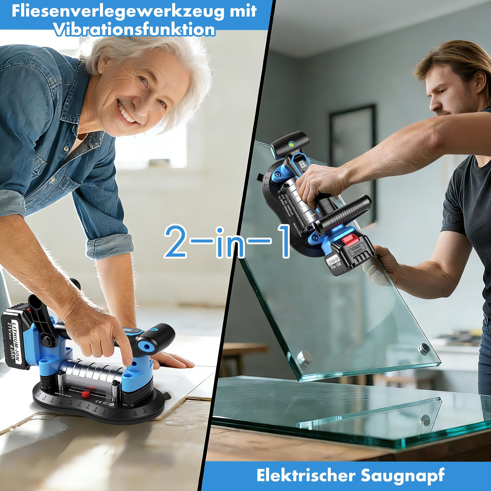 Akku Saugheber FliesenrüTtler, 2 In 1 Glassauger Akku Fliesen VibrationsgeräT Mit 25x15cm Saugnapf 200kg Saugkraft, 9 Gang Digital Elektrischer Plattenheber Vakuumheber FüR Fliesen, Glas, Marmor