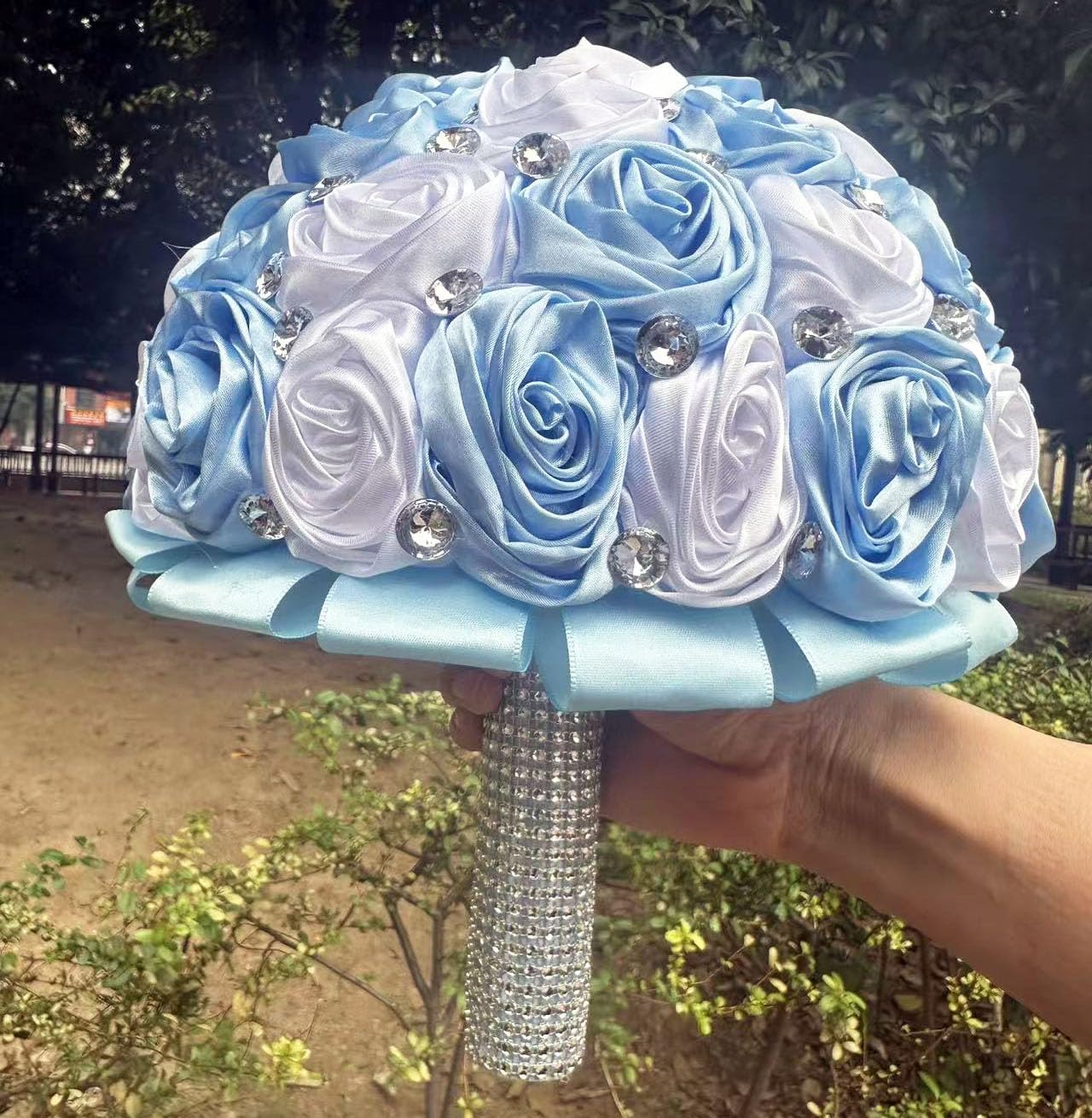 7.5" Light Blue & White Bridal Wedding Bouquet Round Holding Bouquet Throw Toss Artificial Rose Flower Bunch for Bride Bridesmaid Wedding Quinceanera
